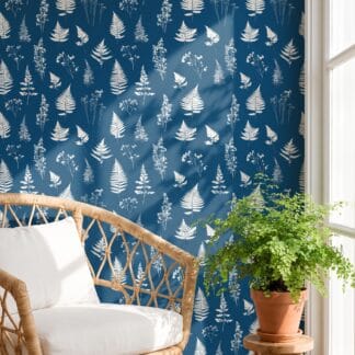 Cyanotype Botanical Fern and Wildflower Wallpaper in Navy Blue, Removable Peel and Stick Wallpaper, Self Adhesive Mural for Accent Wall