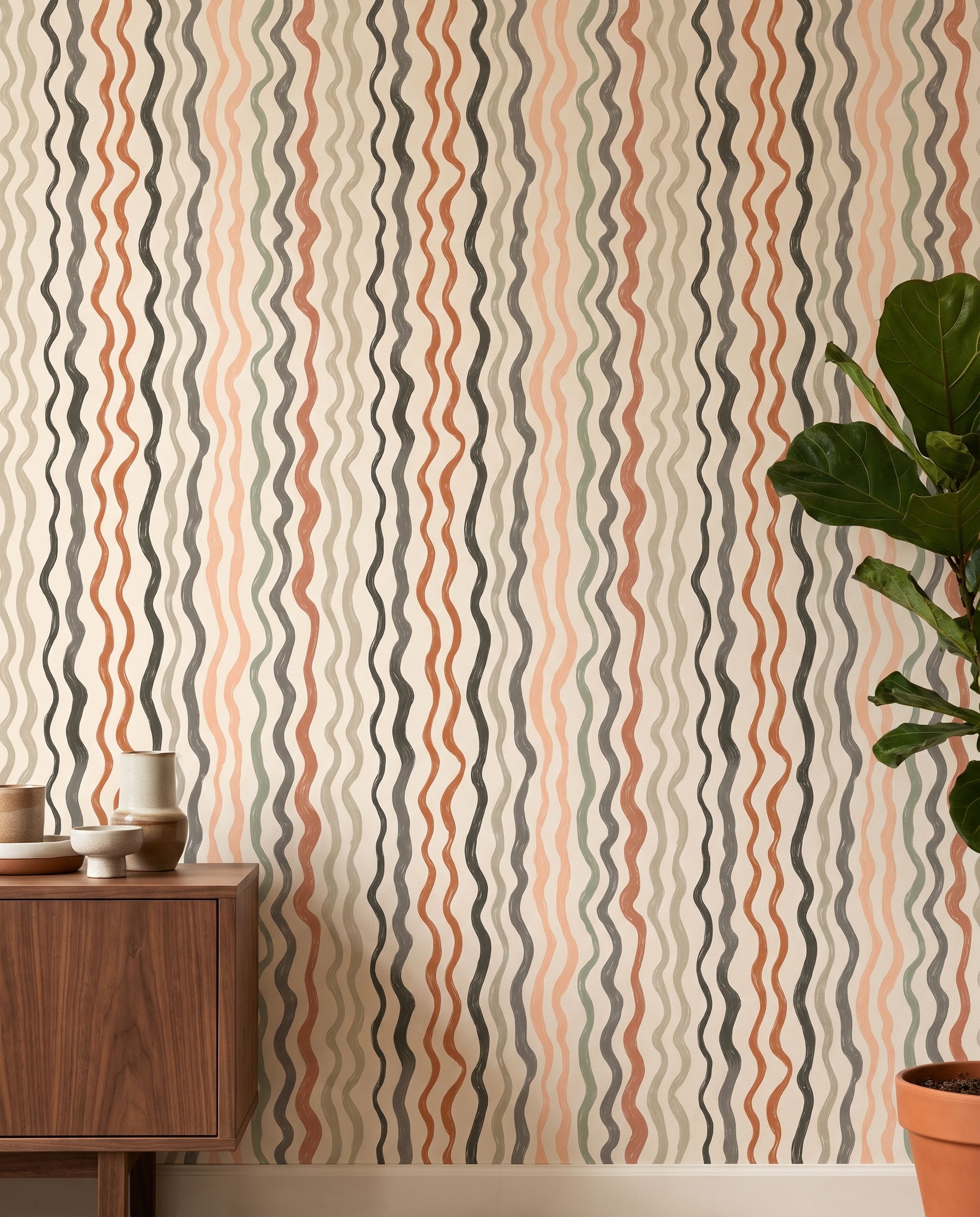 Abstract Wavy Lines Wallpaper in Earthy Tones, Contemporary Hand-Drawn Peel and Stick Wallpaper, Removable Wall Mural for Nursery Accent Wall