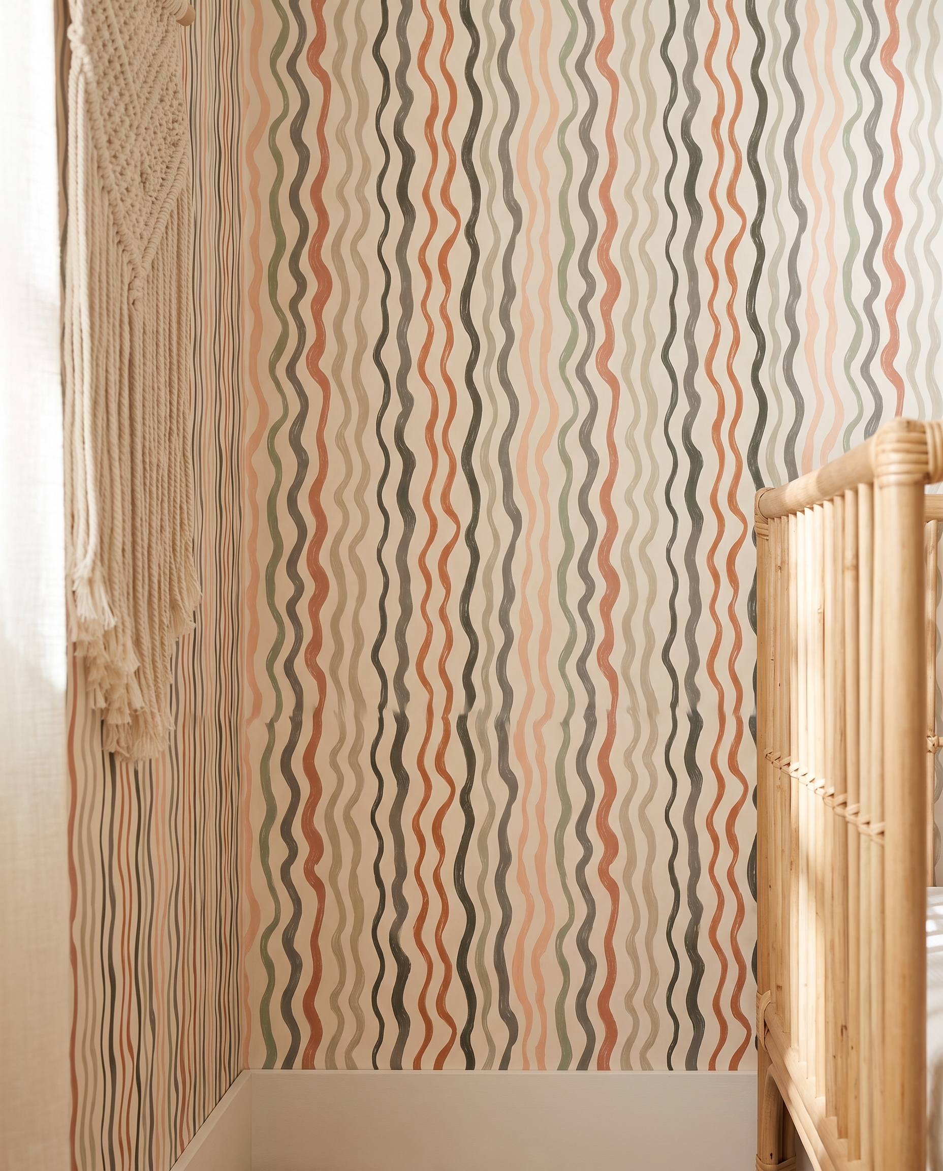 Abstract Wavy Lines Wallpaper in Earthy Tones, Contemporary Hand-Drawn Peel and Stick Wallpaper, Removable Wall Mural for Nursery Accent Wall