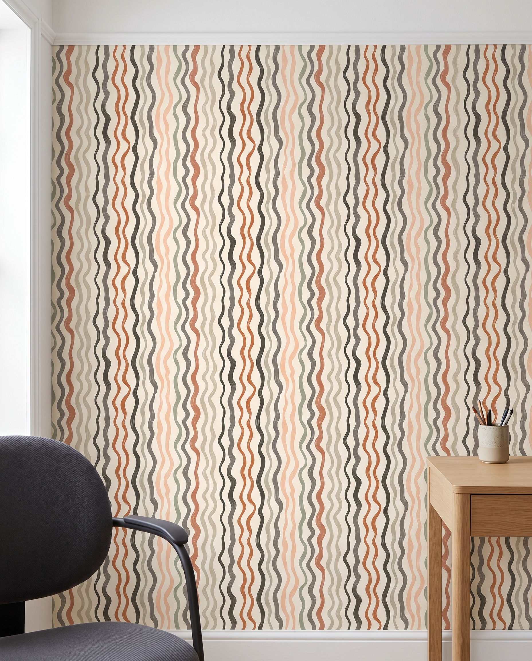 Abstract Wavy Lines Wallpaper in Earthy Tones, Contemporary Hand-Drawn Peel and Stick Wallpaper, Removable Wall Mural for Nursery Accent Wall