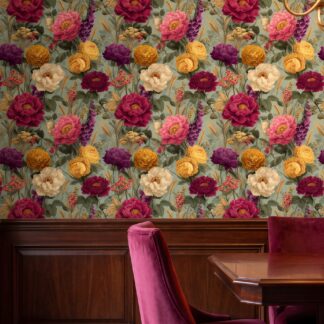 Vintage Peony Floral Wallpaper in Magenta and Yellow on Sage Green, Removable Peel and Stick Wall Mural for a Bedroom Accent Wall