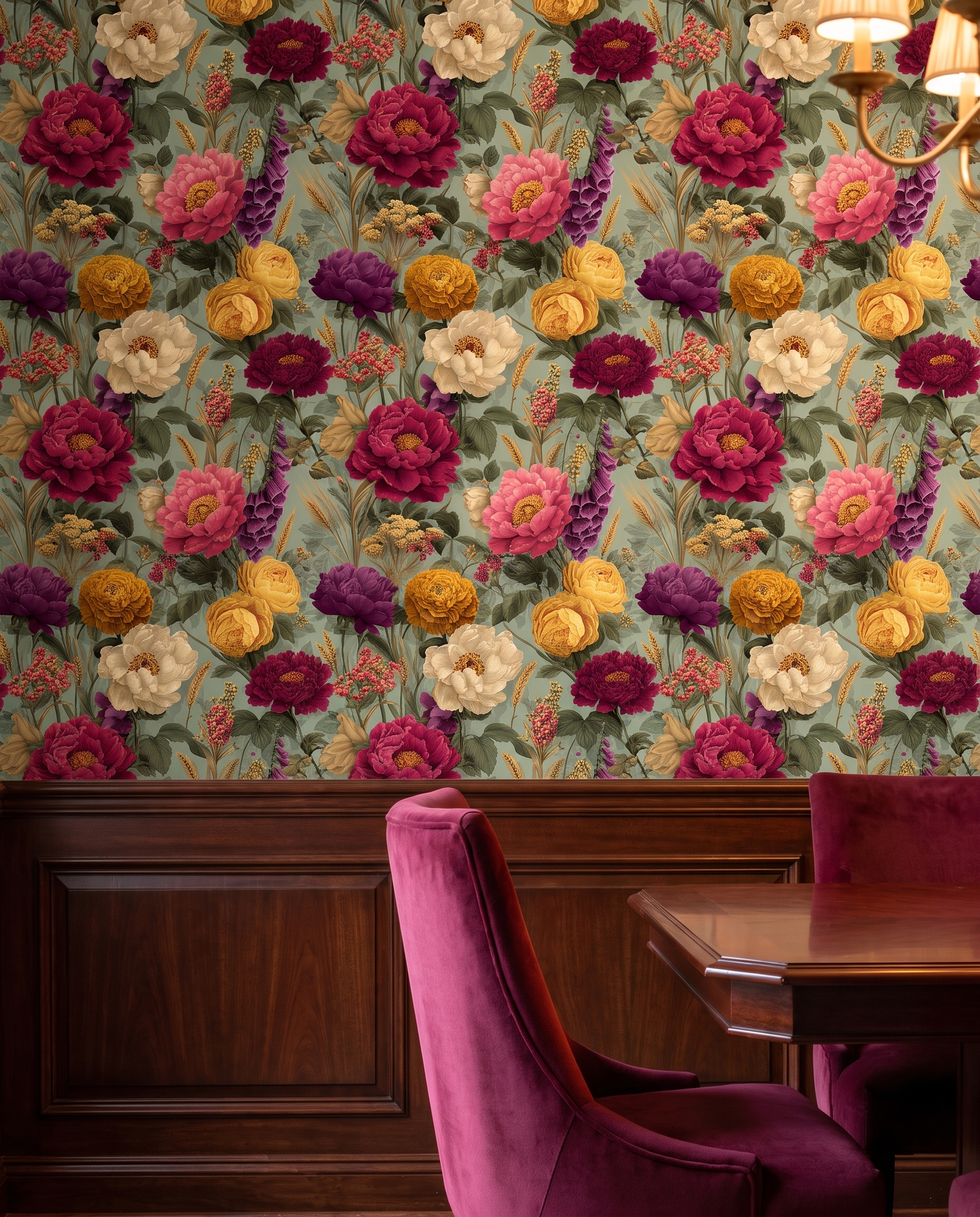 Vintage Peony Floral Wallpaper in Magenta and Yellow on Sage Green, Removable Peel and Stick Wall Mural for a Bedroom Accent Wall