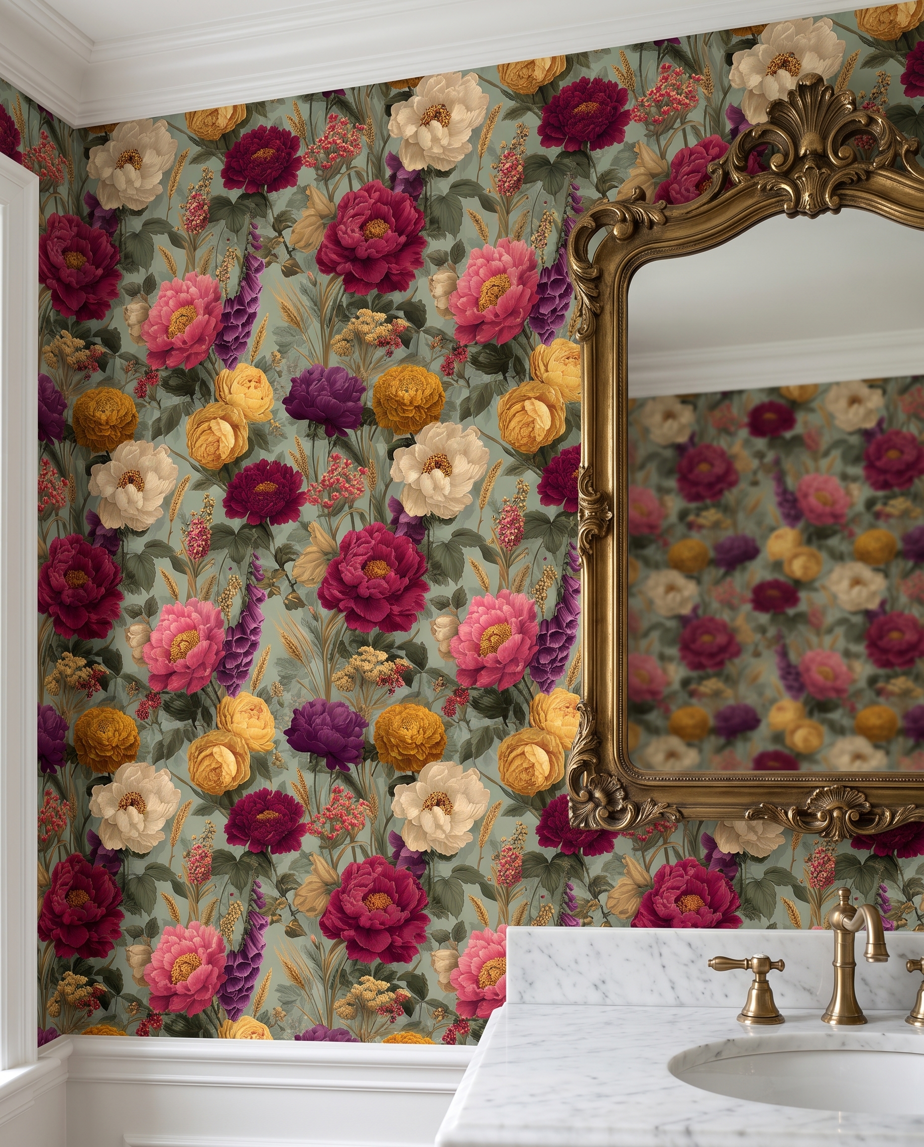 Vintage Peony Floral Wallpaper in Magenta and Yellow on Sage Green, Removable Peel and Stick Wall Mural for a Bedroom Accent Wall