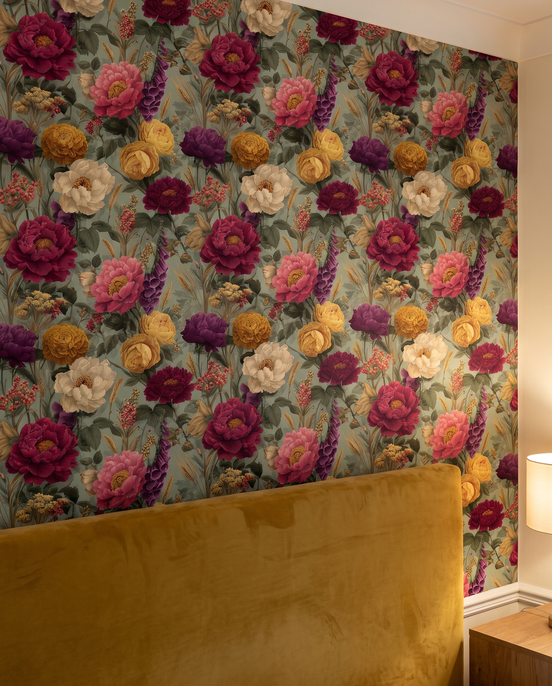 Vintage Peony Floral Wallpaper in Magenta and Yellow on Sage Green, Removable Peel and Stick Wall Mural for a Bedroom Accent Wall