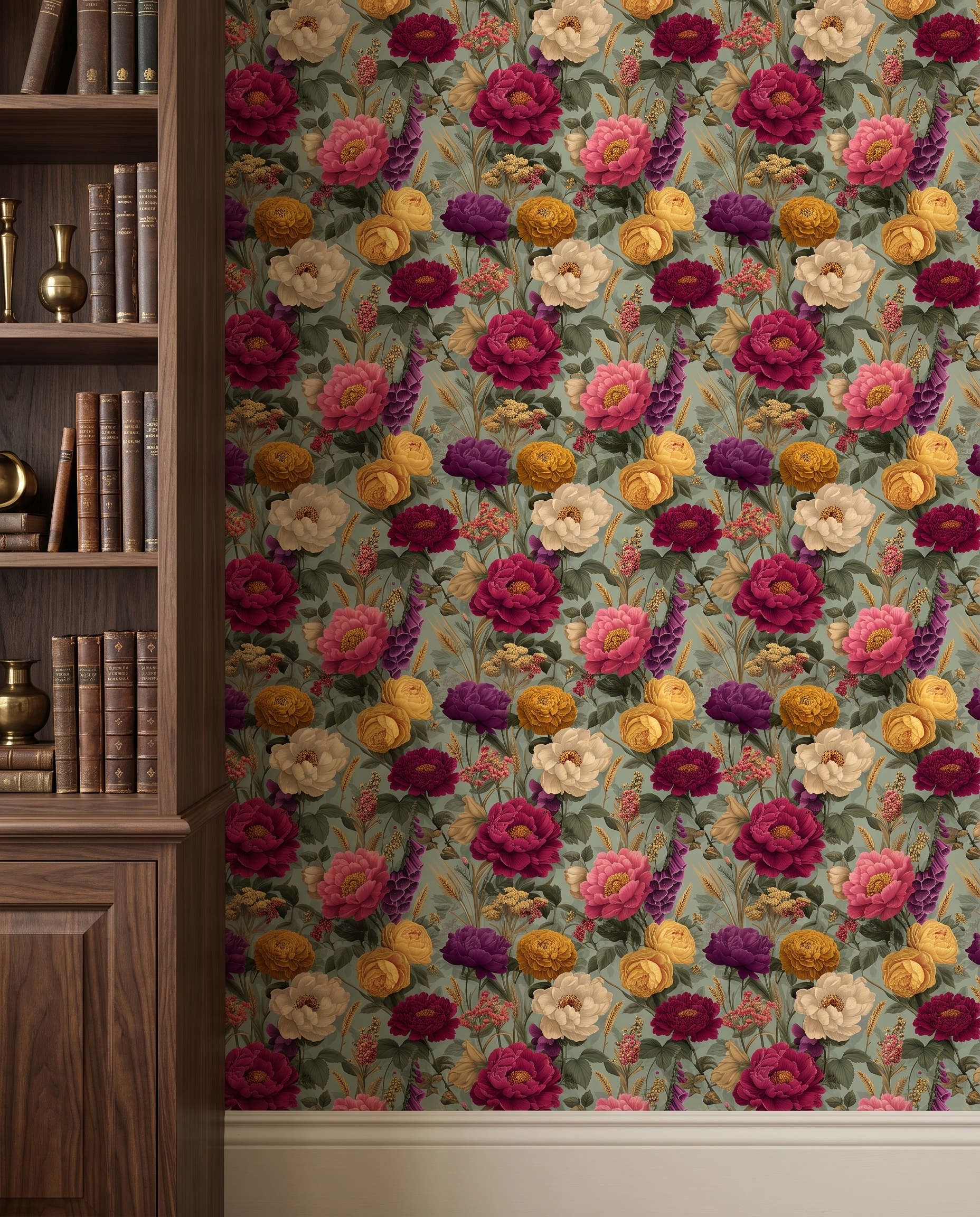 Vintage Peony Floral Wallpaper in Magenta and Yellow on Sage Green, Removable Peel and Stick Wall Mural for a Bedroom Accent Wall