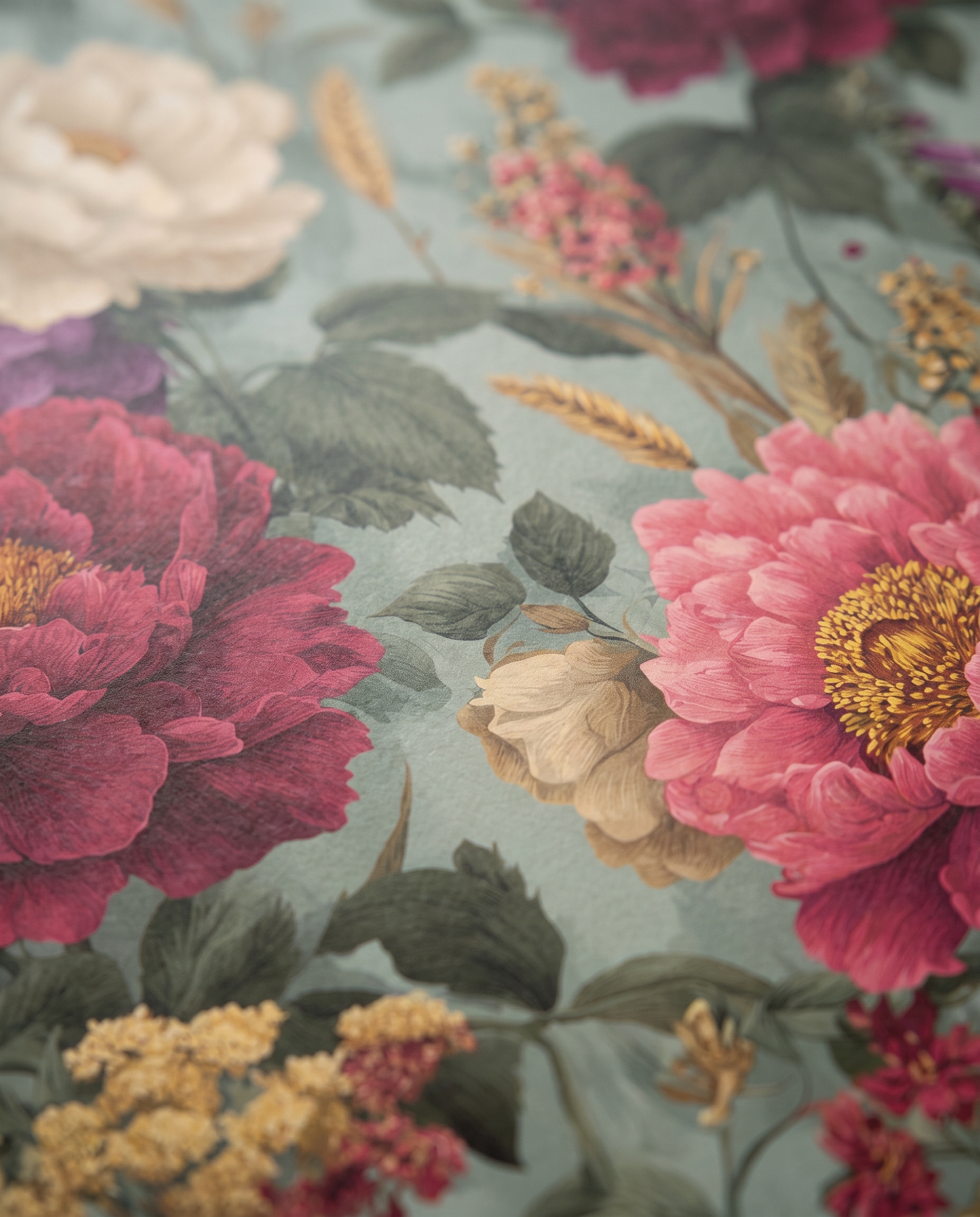 Vintage Peony Floral Wallpaper in Magenta and Yellow on Sage Green, Removable Peel and Stick Wall Mural for a Bedroom Accent Wall