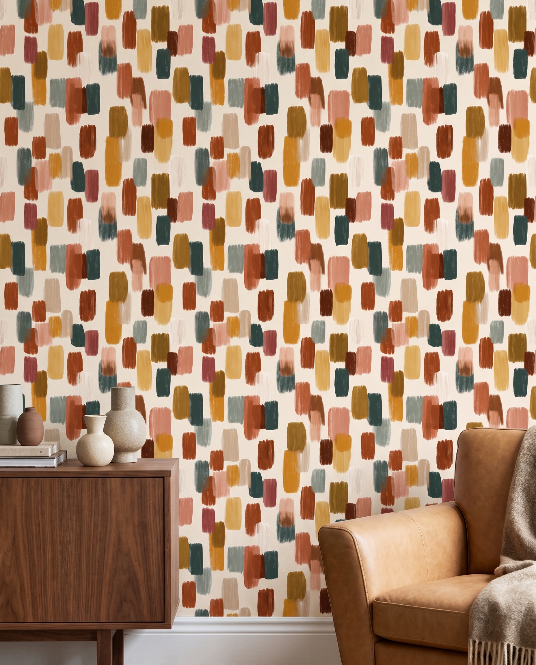 Abstract Brushstroke Wallpaper in Earthy Tones, Contemporary Peel and Stick Wallpaper, Removable Mural for a Living Room Accent Wall