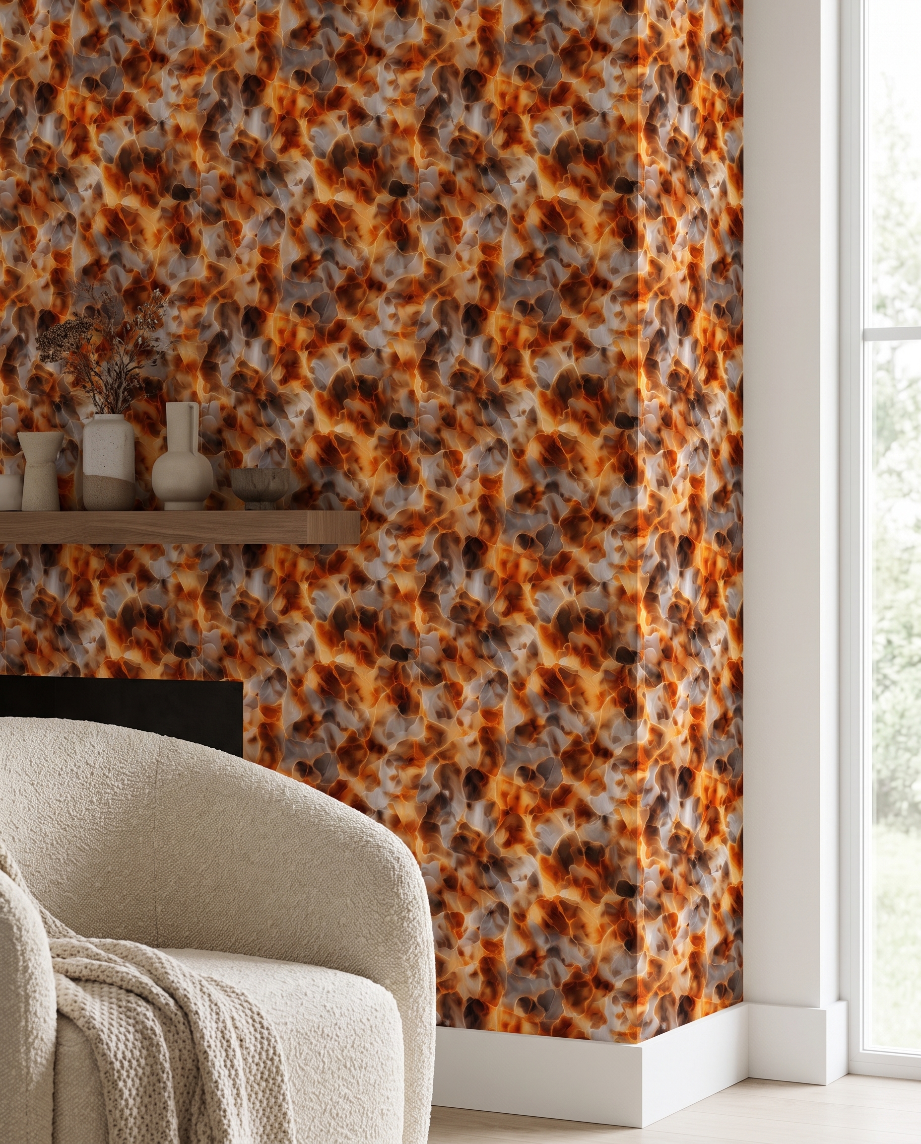Abstract Onyx Stone in Burnt Orange and Gold, Peel and Stick Wallpaper, Removable Wall Mural for a Dramatic Living Room Accent Wall