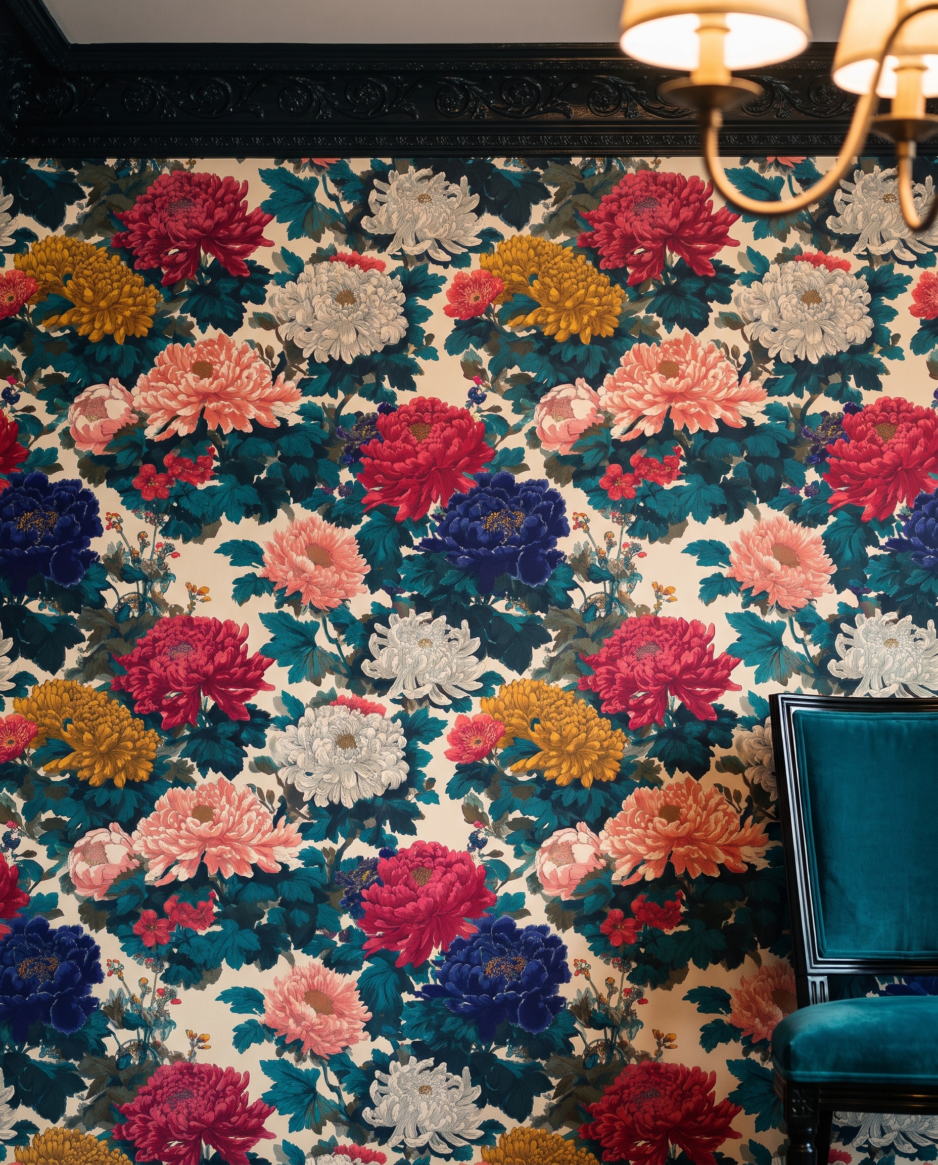 Chinoiserie Chrysanthemum Garden Wallpaper in Navy and Pink, Vintage Floral Peel and Stick Wallpaper for a Dramatic Accent Wall