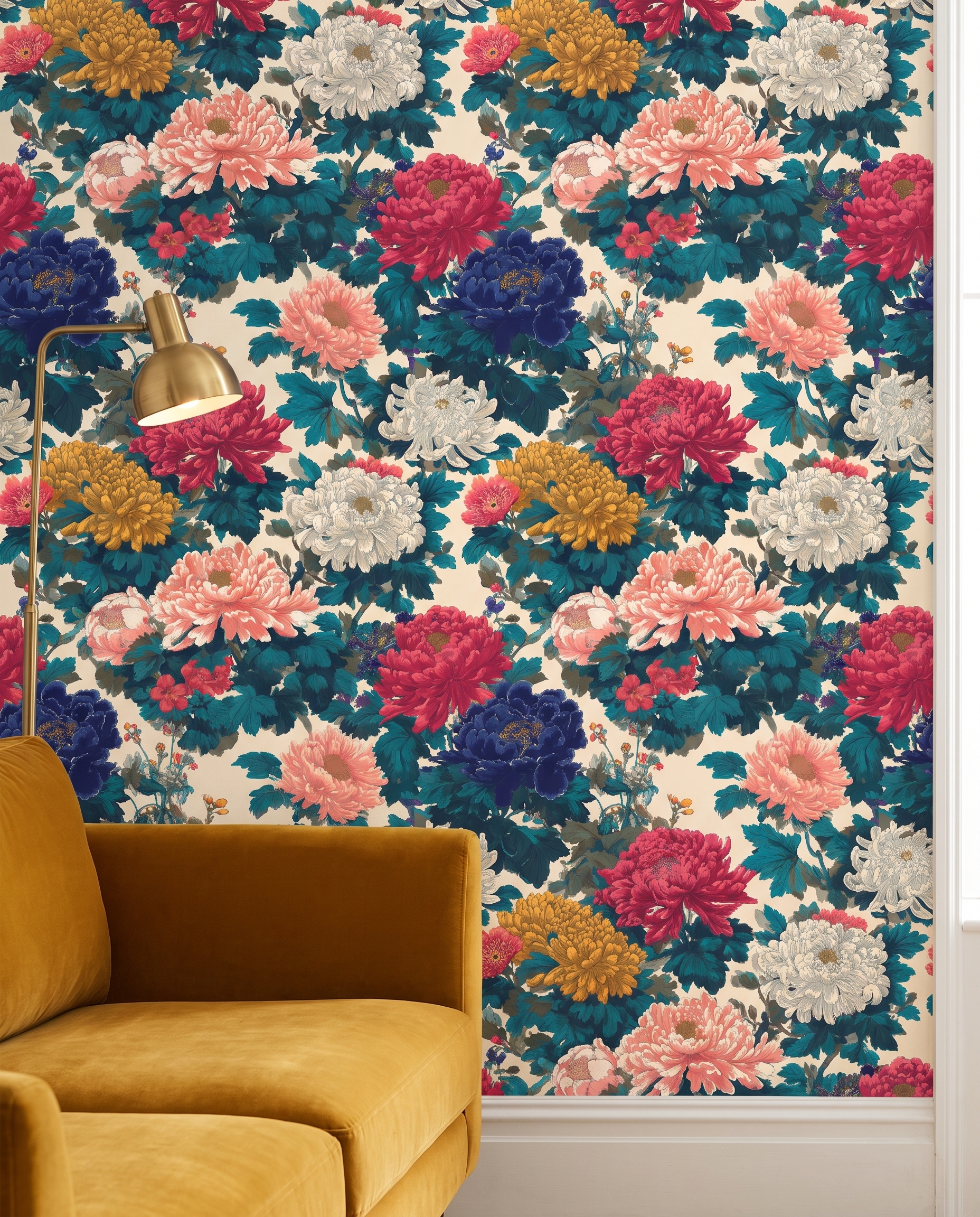 Chinoiserie Chrysanthemum Garden Wallpaper in Navy and Pink, Vintage Floral Peel and Stick Wallpaper for a Dramatic Accent Wall