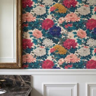 Chinoiserie Chrysanthemum Garden Wallpaper in Navy and Pink, Vintage Floral Peel and Stick Wallpaper for a Dramatic Accent Wall