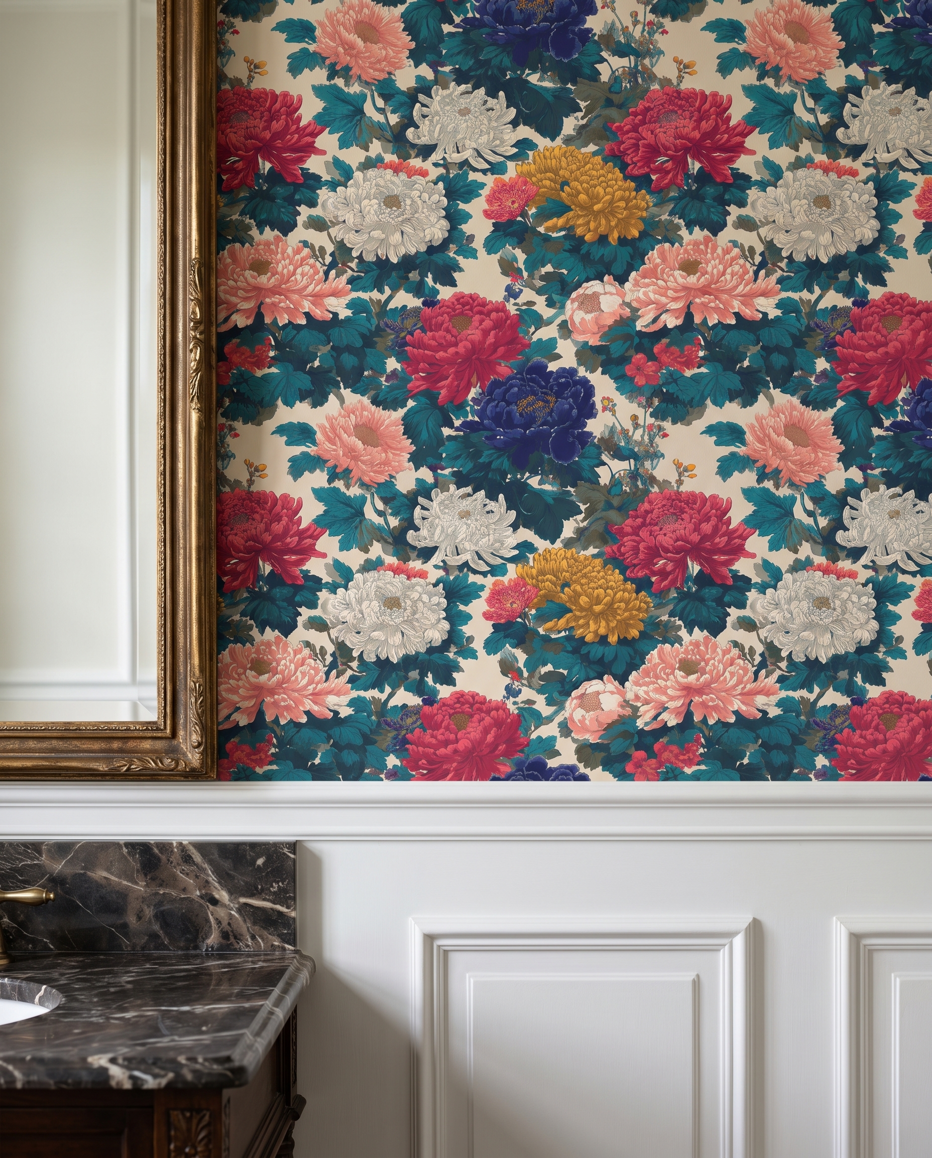 Chinoiserie Chrysanthemum Garden Wallpaper in Navy and Pink, Vintage Floral Peel and Stick Wallpaper for a Dramatic Accent Wall