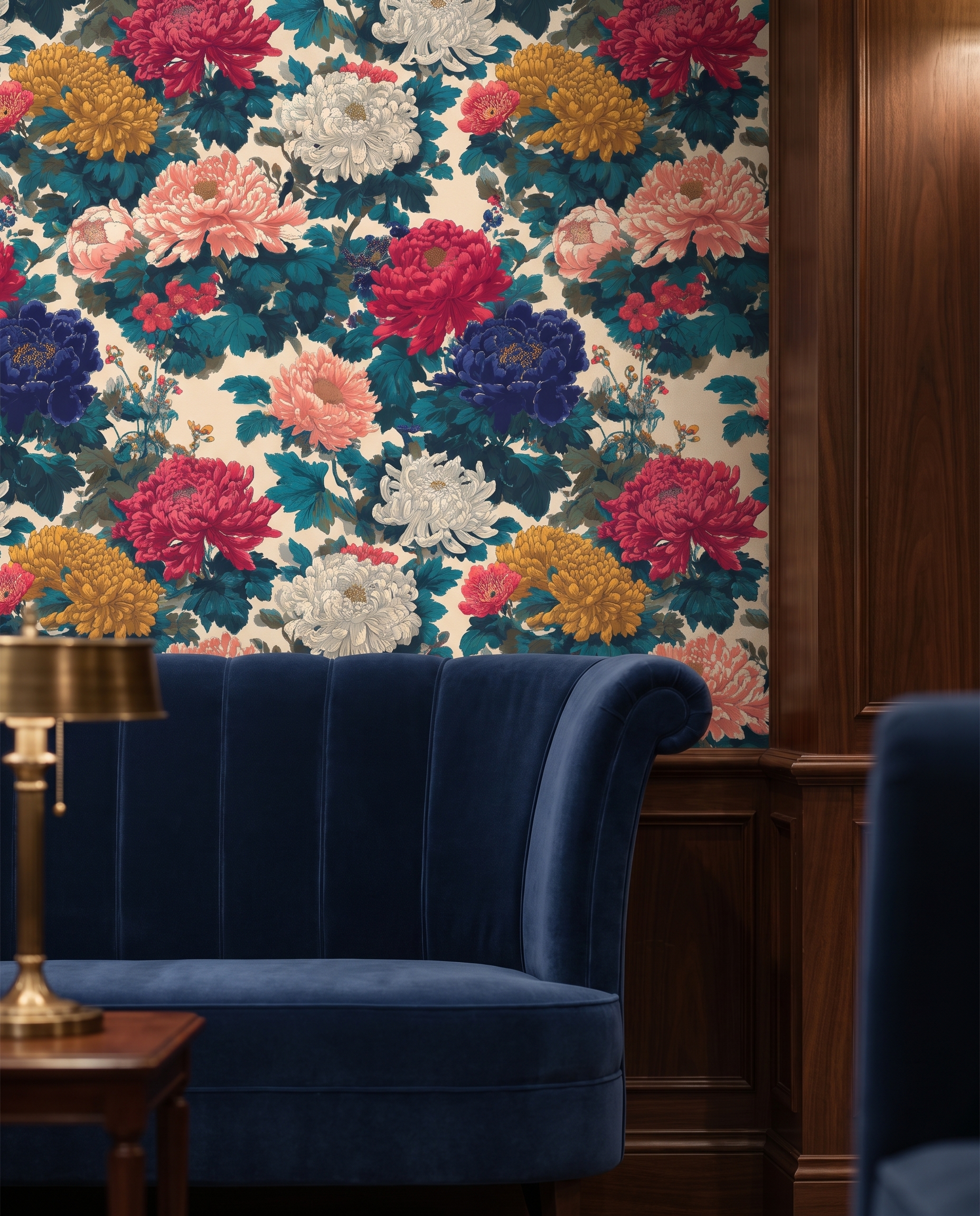 Chinoiserie Chrysanthemum Garden Wallpaper in Navy and Pink, Vintage Floral Peel and Stick Wallpaper for a Dramatic Accent Wall