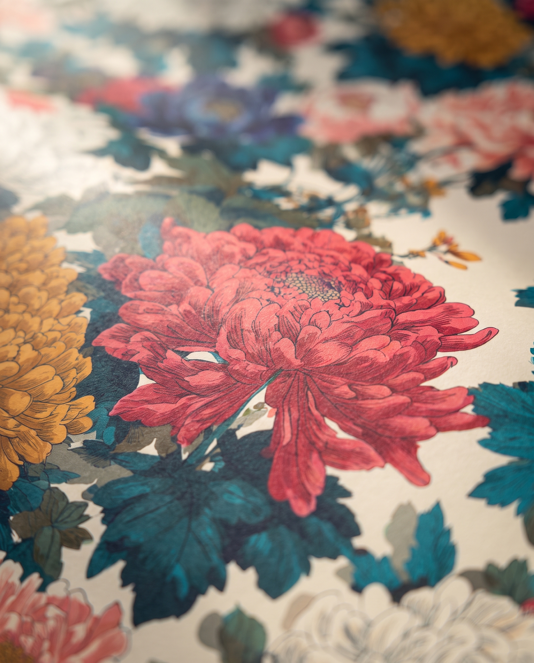 Chinoiserie Chrysanthemum Garden Wallpaper in Navy and Pink, Vintage Floral Peel and Stick Wallpaper for a Dramatic Accent Wall
