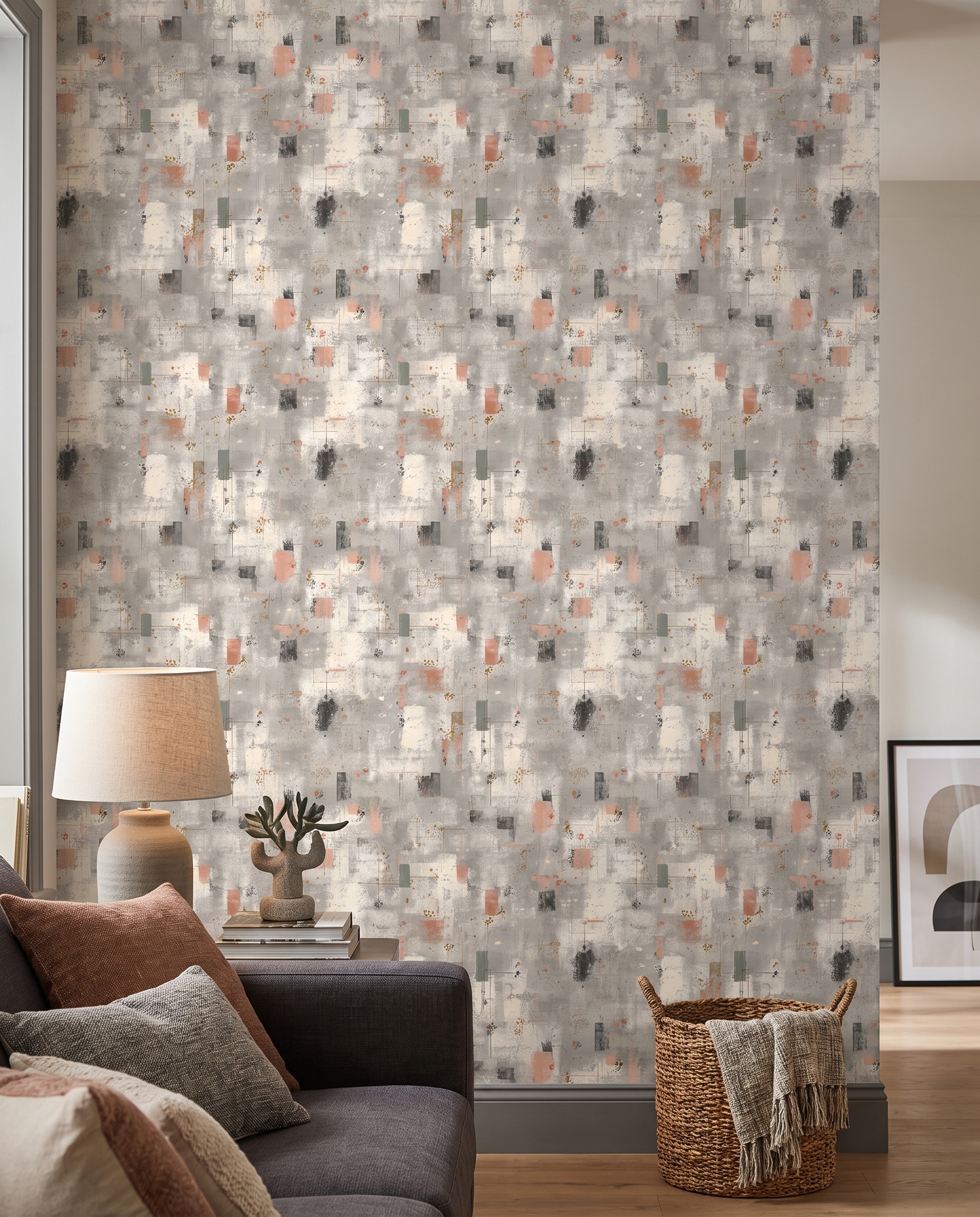 Abstract Textured Industrial Wallpaper in Grey and Pink, Contemporary Grunge Peel and Stick Wallpaper, Removable Wall Mural for Accent Wall