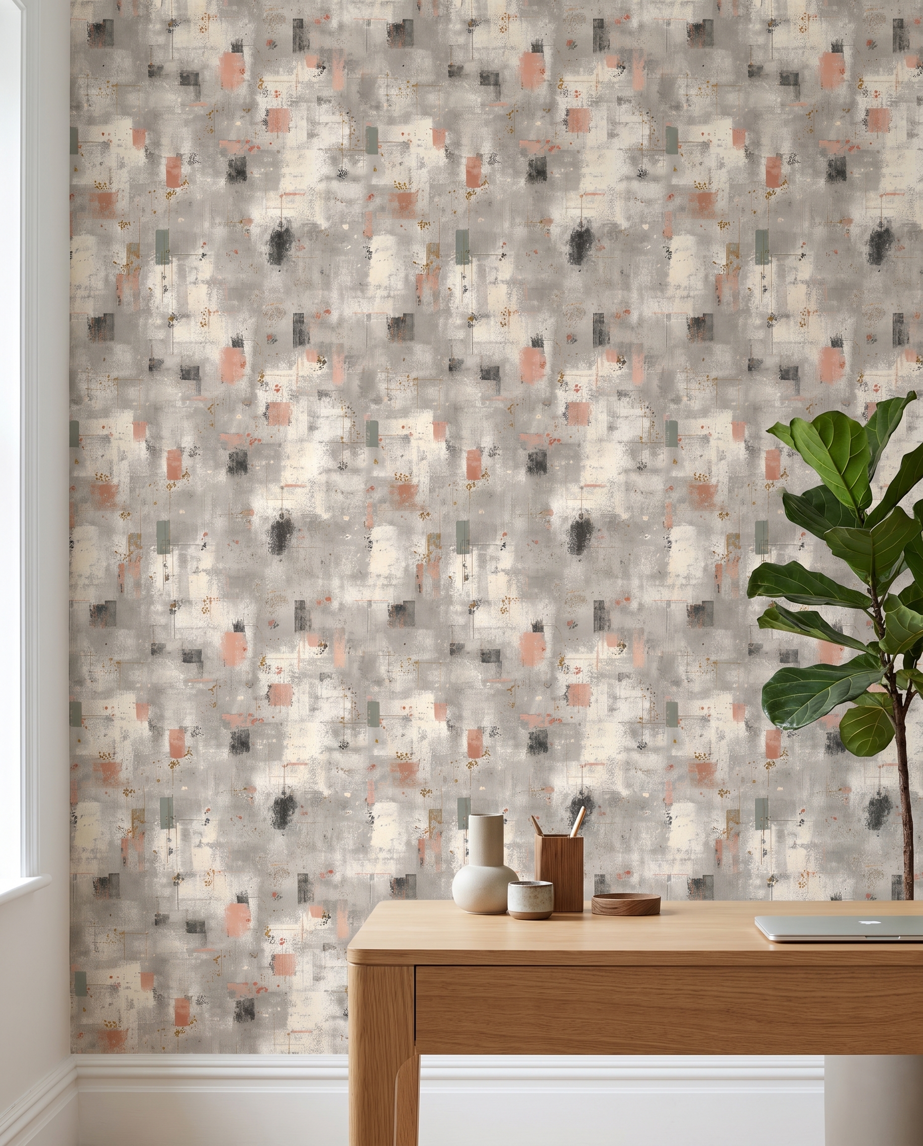Abstract Textured Industrial Wallpaper in Grey and Pink, Contemporary Grunge Peel and Stick Wallpaper, Removable Wall Mural for Accent Wall