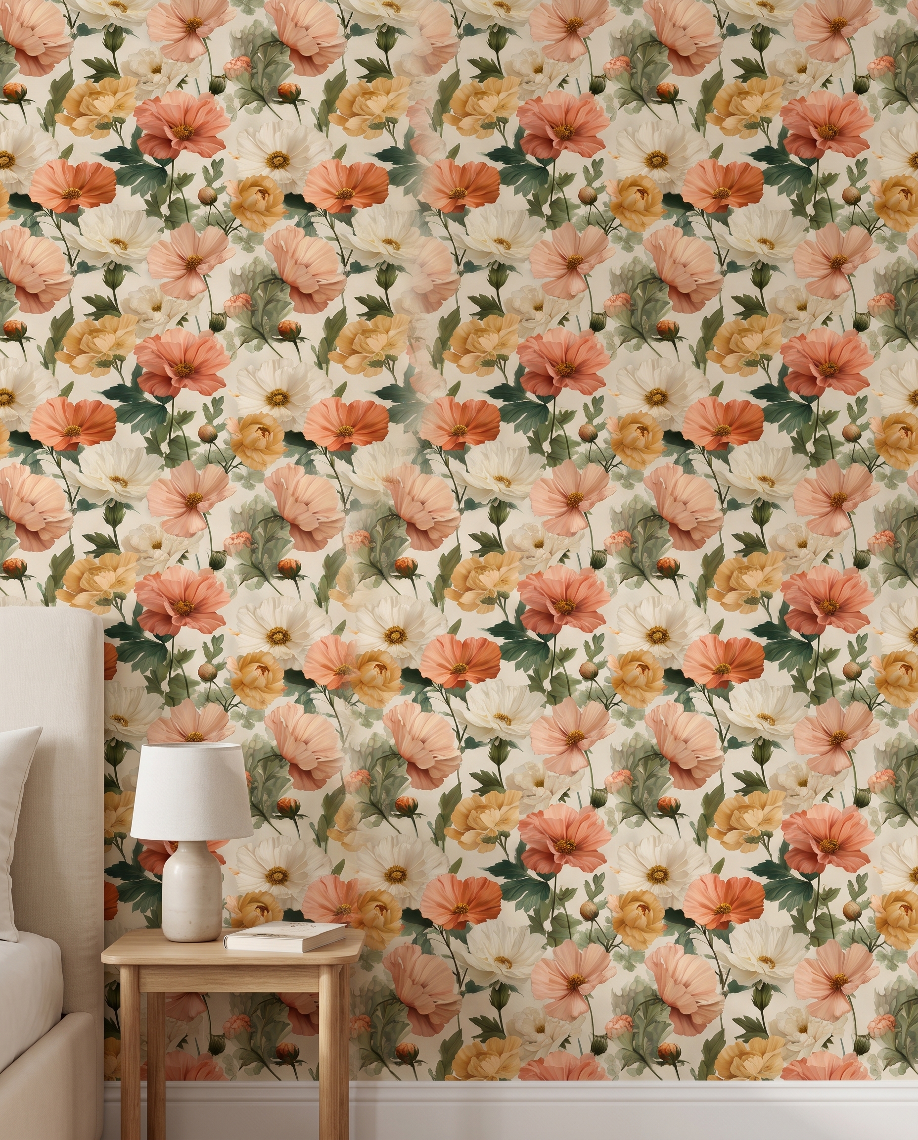 Vintage Peony Floral Wallpaper in Peach and Cream, Removable Peel and Stick Wallpaper for a Romantic Bedroom or Powder Room Accent Wall