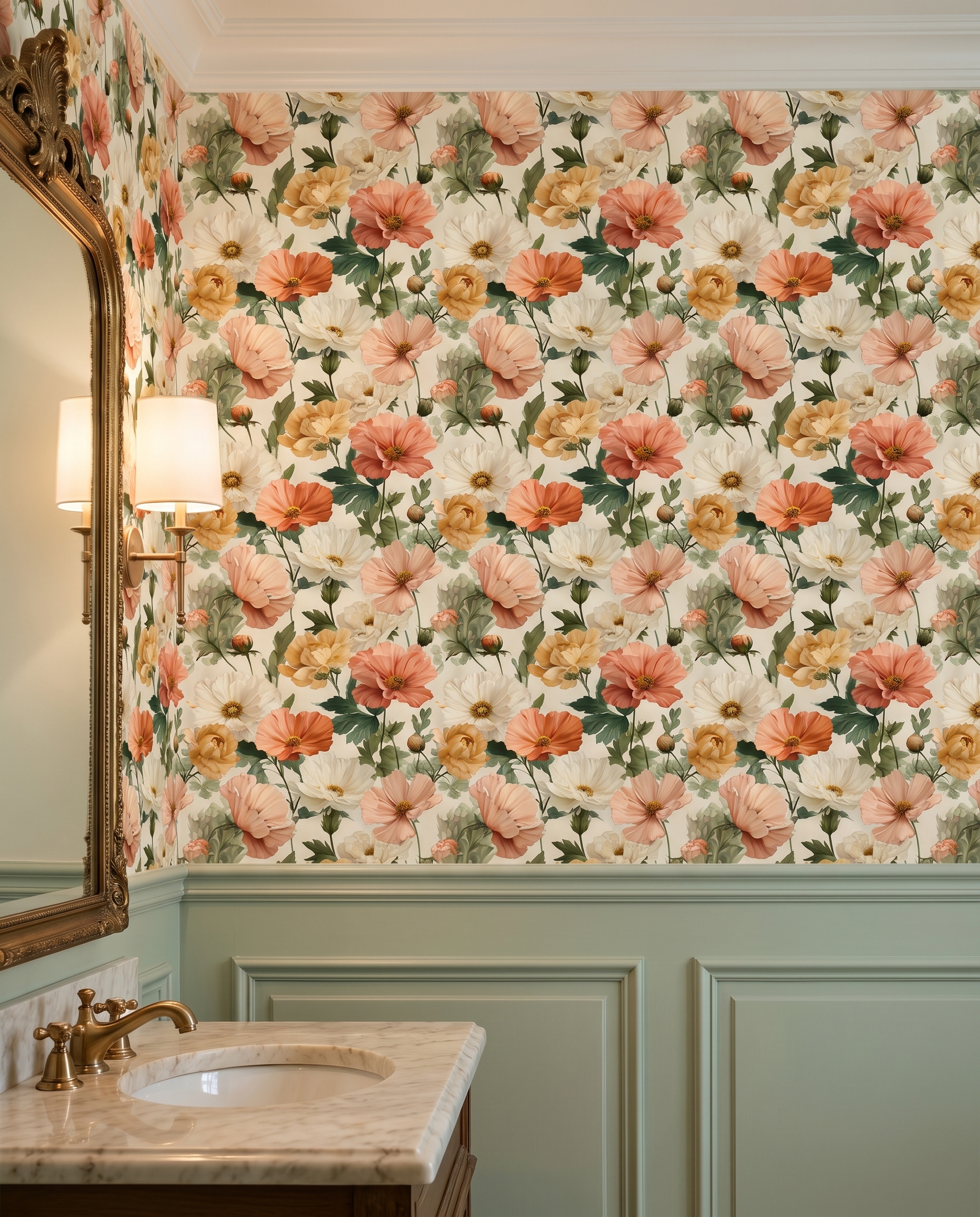 Vintage Peony Floral Wallpaper in Peach and Cream, Removable Peel and Stick Wallpaper for a Romantic Bedroom or Powder Room Accent Wall