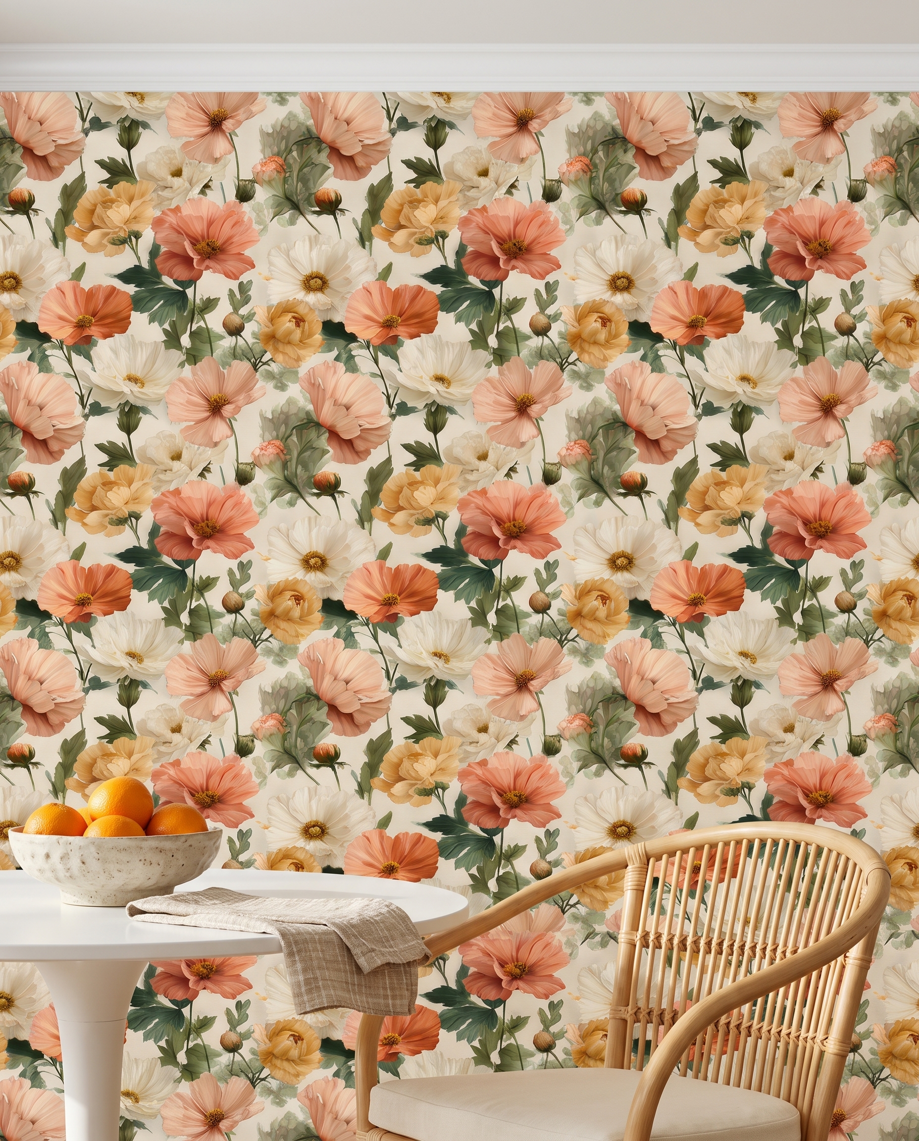 Vintage Peony Floral Wallpaper in Peach and Cream, Removable Peel and Stick Wallpaper for a Romantic Bedroom or Powder Room Accent Wall
