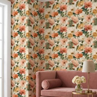 Vintage Peony Floral Wallpaper in Peach and Cream, Removable Peel and Stick Wallpaper for a Romantic Bedroom or Powder Room Accent Wall