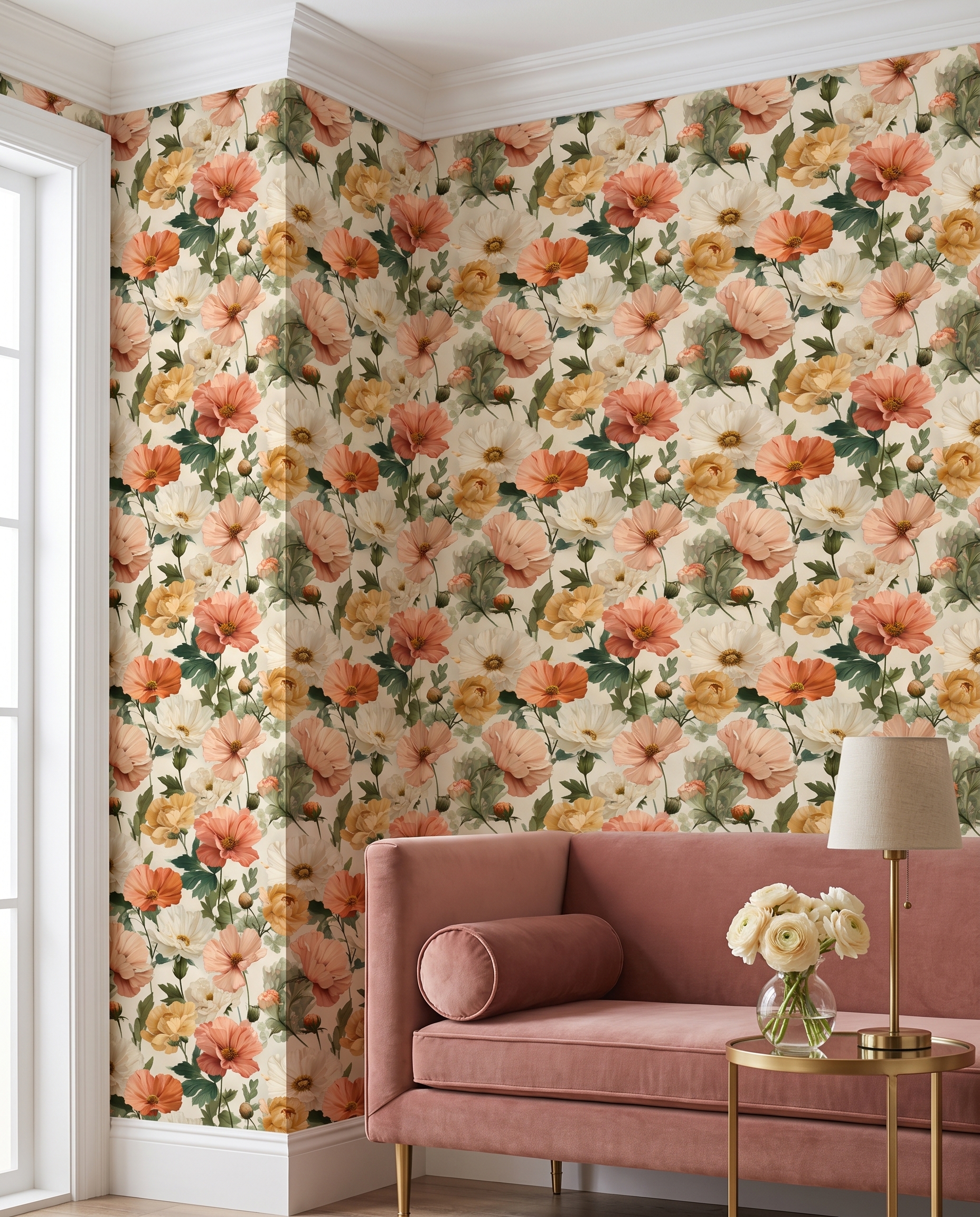 Vintage Peony Floral Wallpaper in Peach and Cream, Removable Peel and Stick Wallpaper for a Romantic Bedroom or Powder Room Accent Wall