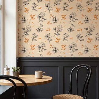 Vintage Floral Sketch Wallpaper in Black and Terracotta, Removable Peel and Stick Wallpaper, Botanical Line Art for Bedroom Accent Wall