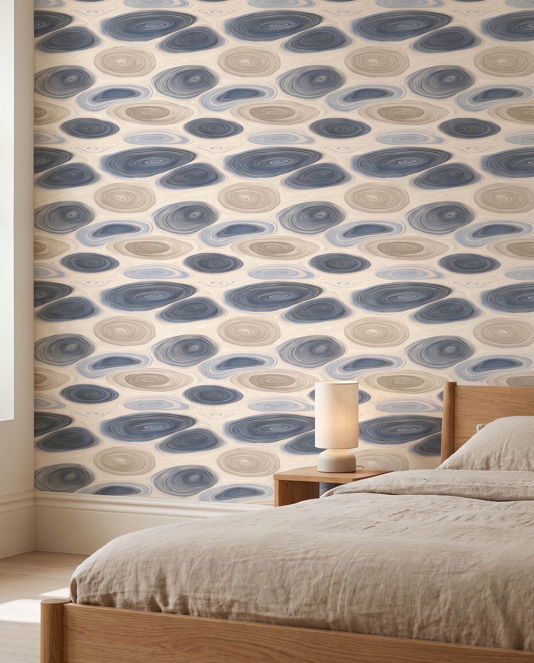 Organic Rings Abstract Wallpaper in Blue and Beige, Contemporary Swirl Pattern, Removable Peel and Stick Wallpaper for Living Room Accent Wall