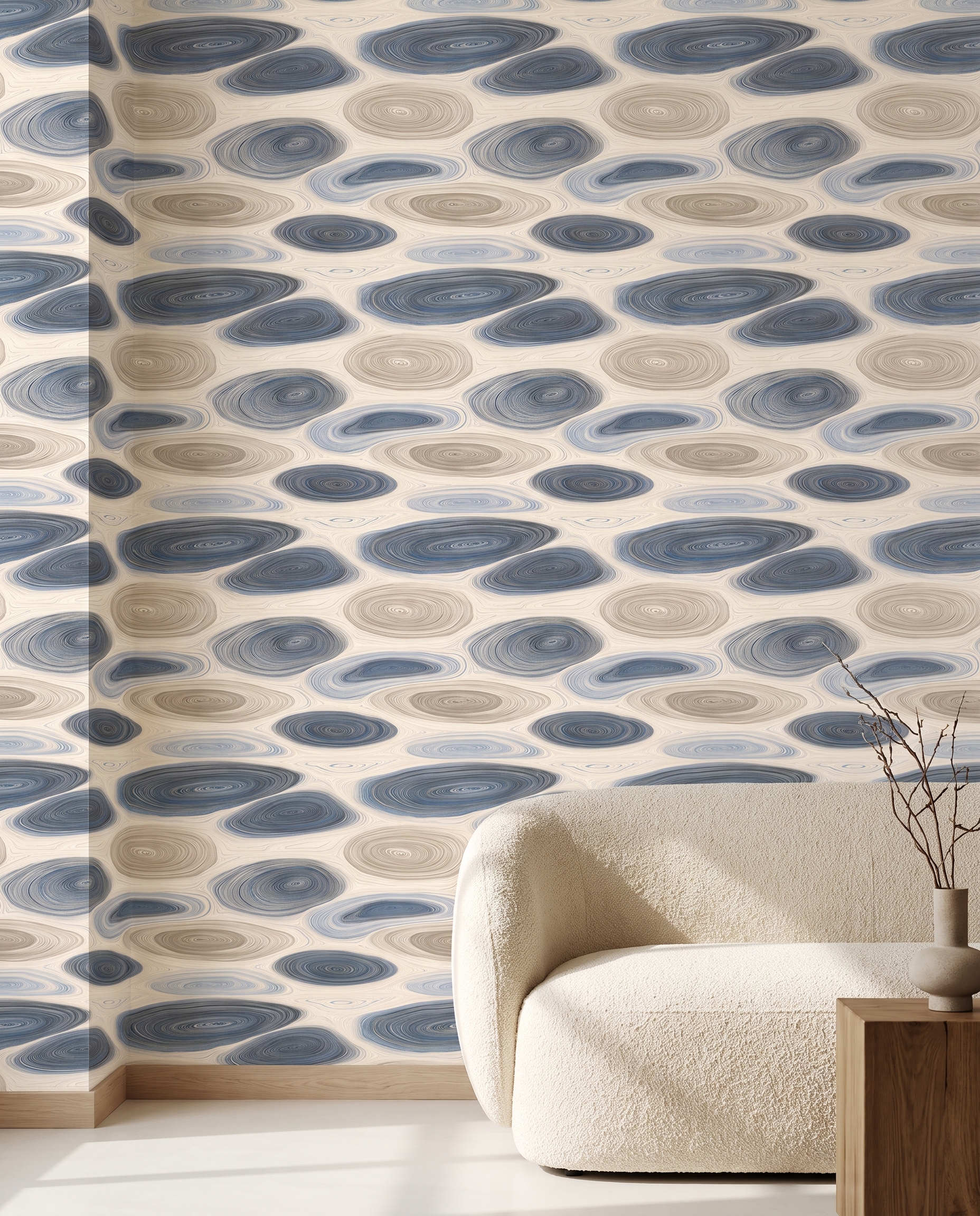 Organic Rings Abstract Wallpaper in Blue and Beige, Contemporary Swirl Pattern, Removable Peel and Stick Wallpaper for Living Room Accent Wall