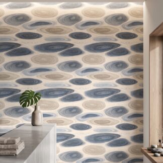 Organic Rings Abstract Wallpaper in Blue and Beige, Contemporary Swirl Pattern, Removable Peel and Stick Wallpaper for Living Room Accent Wall