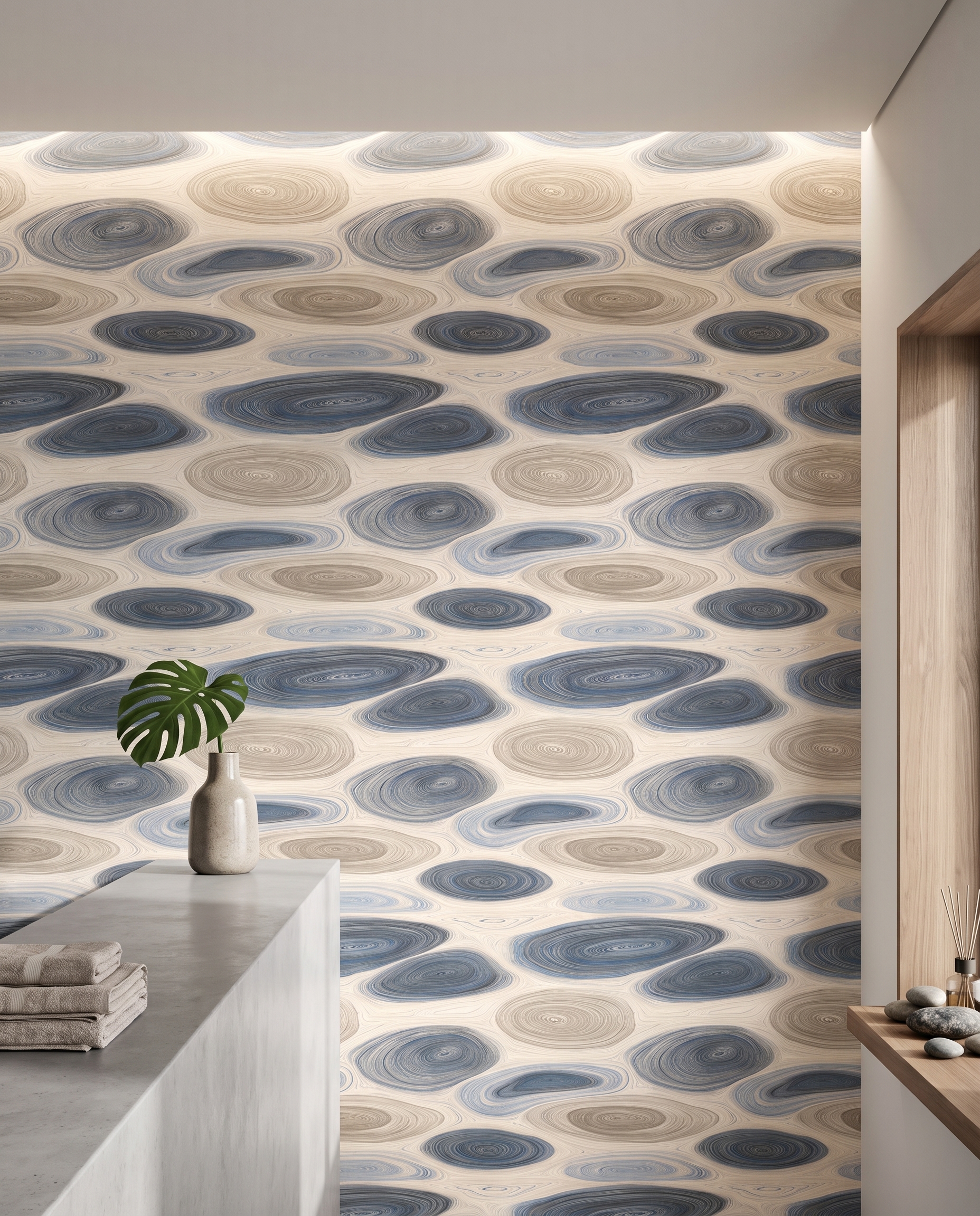 Organic Rings Abstract Wallpaper in Blue and Beige, Contemporary Swirl Pattern, Removable Peel and Stick Wallpaper for Living Room Accent Wall