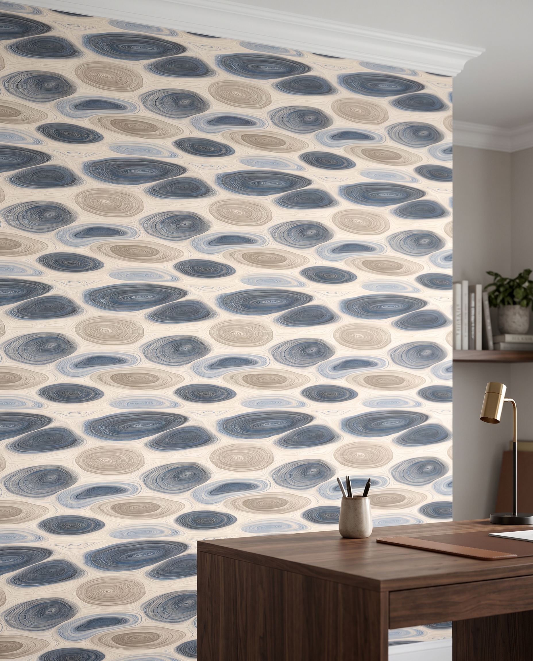 Organic Rings Abstract Wallpaper in Blue and Beige, Contemporary Swirl Pattern, Removable Peel and Stick Wallpaper for Living Room Accent Wall