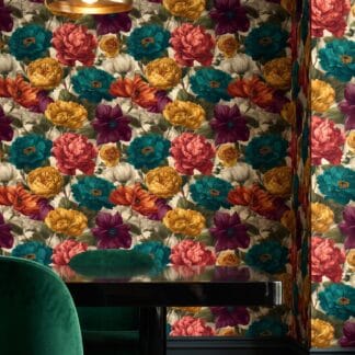Vintage Engraved Floral Wallpaper in Jewel Tones, Teal and Gold Peony Wall Mural, Peel and Stick Wallpaper for a Dramatic Bedroom Accent Wall