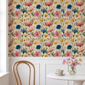 Watercolor Cosmos Floral Wallpaper, Multicolor Wildflower Peel and Stick Wallpaper, Cheerful Bedroom or Nursery Accent Wall Mural