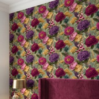 Vintage Botanical Garden Wallpaper in Magenta and Sage, Removable Peel and Stick Wallpaper, Floral Accent Wall for Living Room or Bedroom
