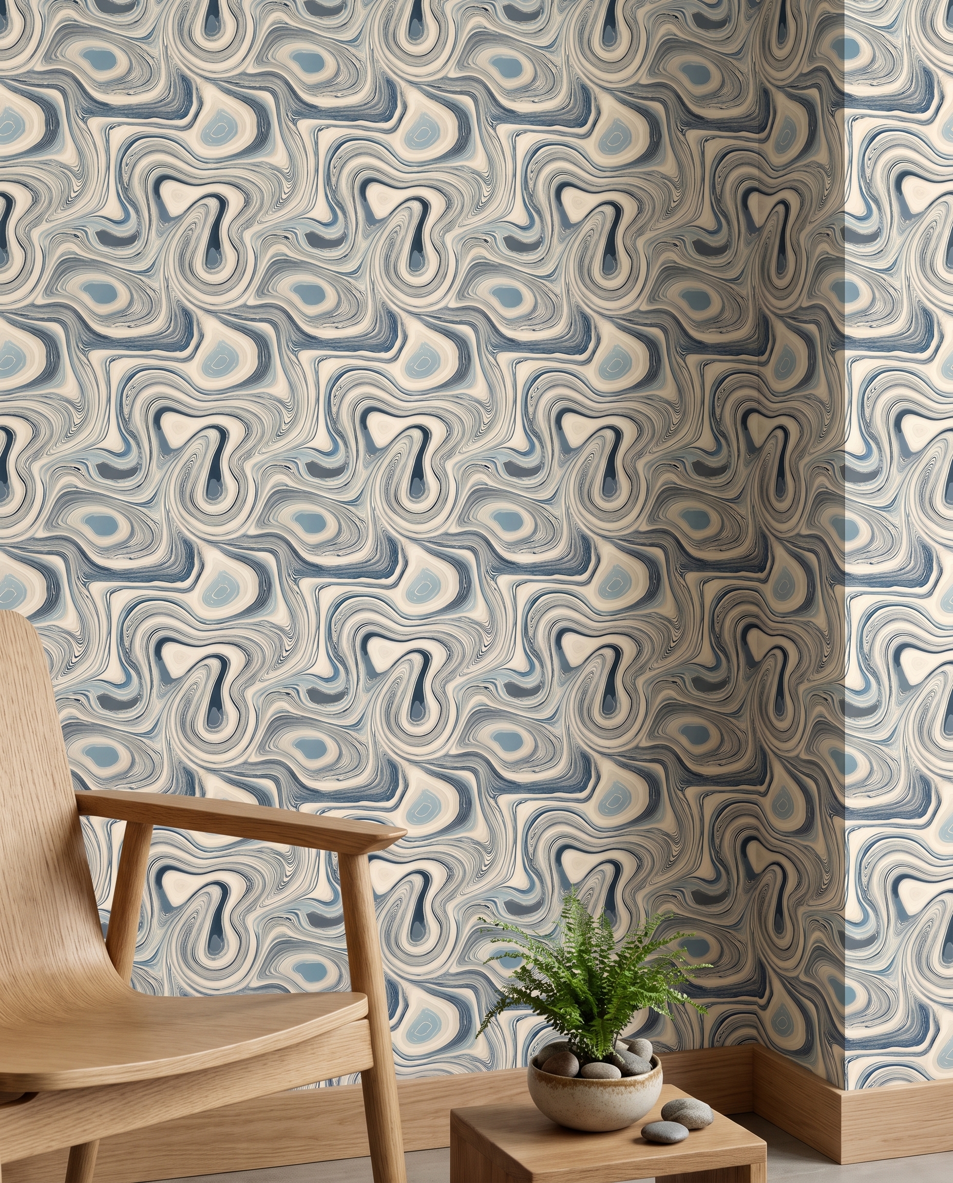 Blue Agate Swirl Abstract Wallpaper, Fluid Contemporary Wall Mural, Peel and Stick Wallpaper for a Calming Bedroom Accent Wall