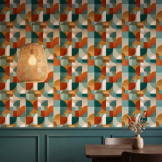 Retro Geometric Collage Wallpaper in Terracotta and Teal, Mid-Century Modern Abstract Peel and Stick Wallpaper for a Statement Accent Wall
