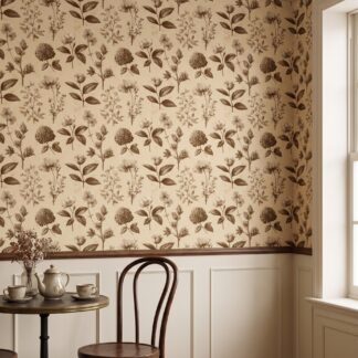 Vintage Botanical Illustration Wallpaper in Sepia, Brown and Beige Peel and Stick Wallpaper for a Study or Bedroom Accent Wall
