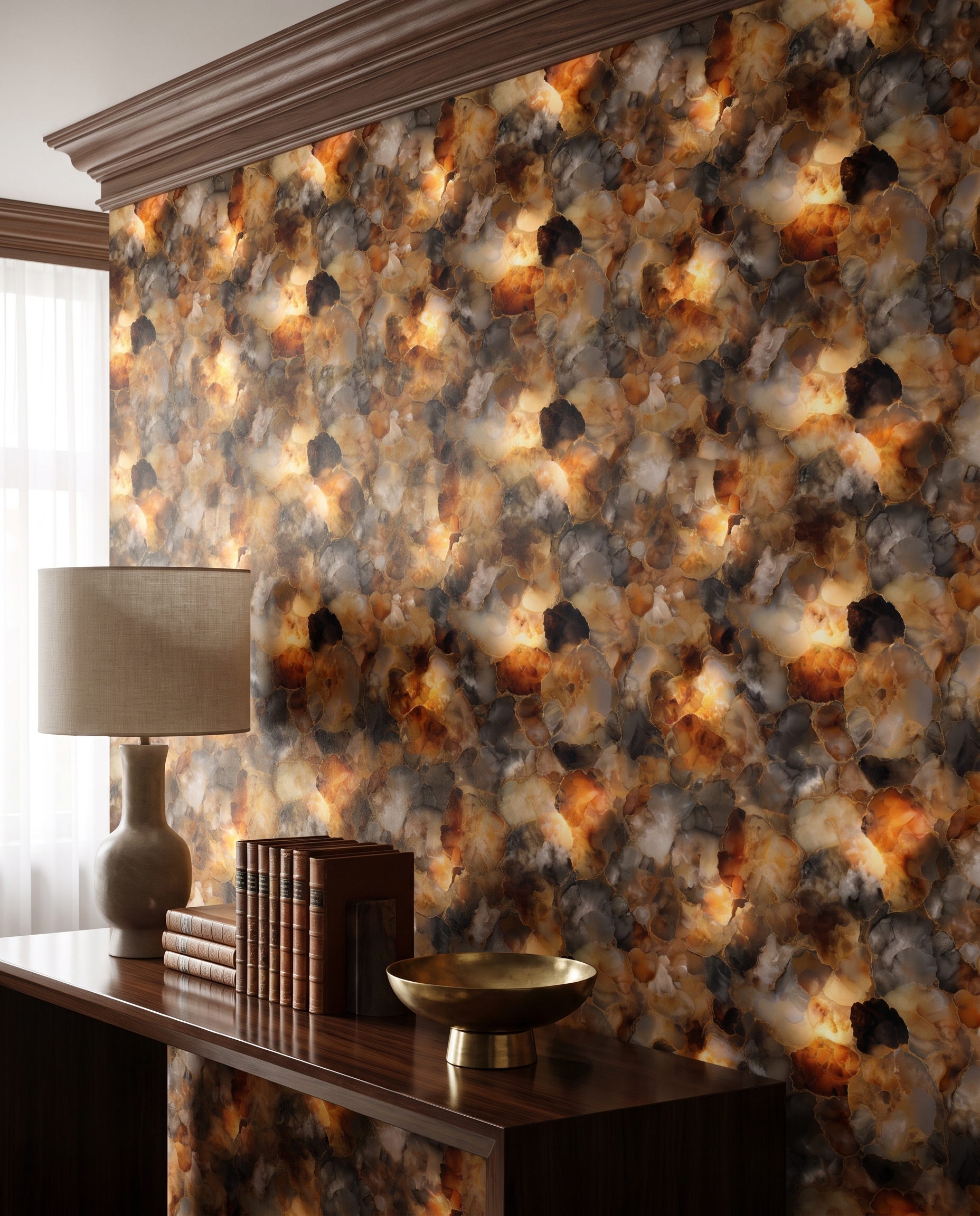 Brown Agate Geode Wallpaper with Gold Veins, Abstract Ink Wall Mural, Peel and Stick Wallpaper for a Luxurious Living Room Accent Wall