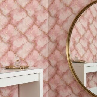 Pink Marble Wallpaper with Gold Veins, Abstract Watercolor Wall Mural, Peel and Stick Wallpaper for a Glamorous Bedroom Accent Wall