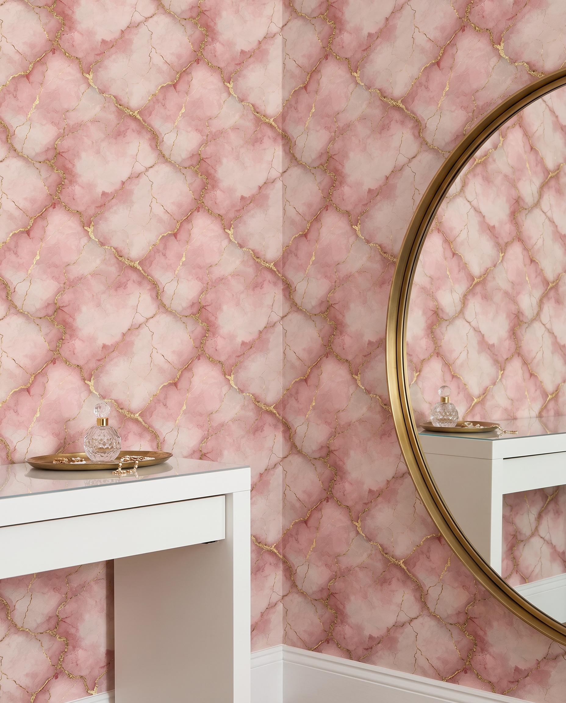Pink Marble Wallpaper with Gold Veins, Abstract Watercolor Wall Mural, Peel and Stick Wallpaper for a Glamorous Bedroom Accent Wall