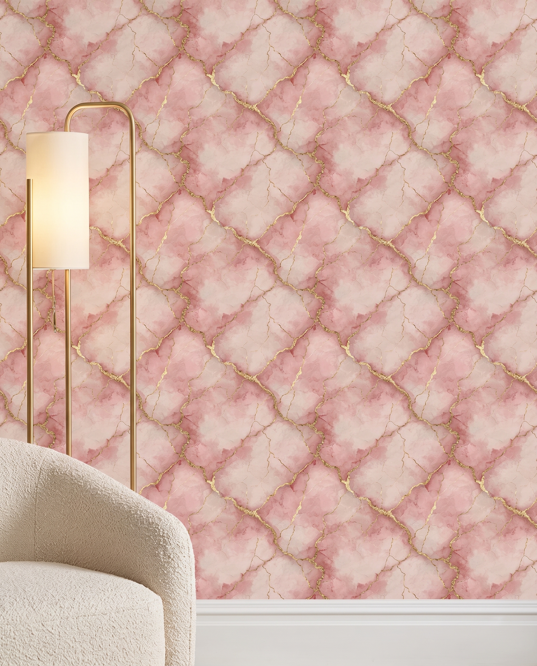 Pink Marble Wallpaper with Gold Veins, Abstract Watercolor Wall Mural, Peel and Stick Wallpaper for a Glamorous Bedroom Accent Wall