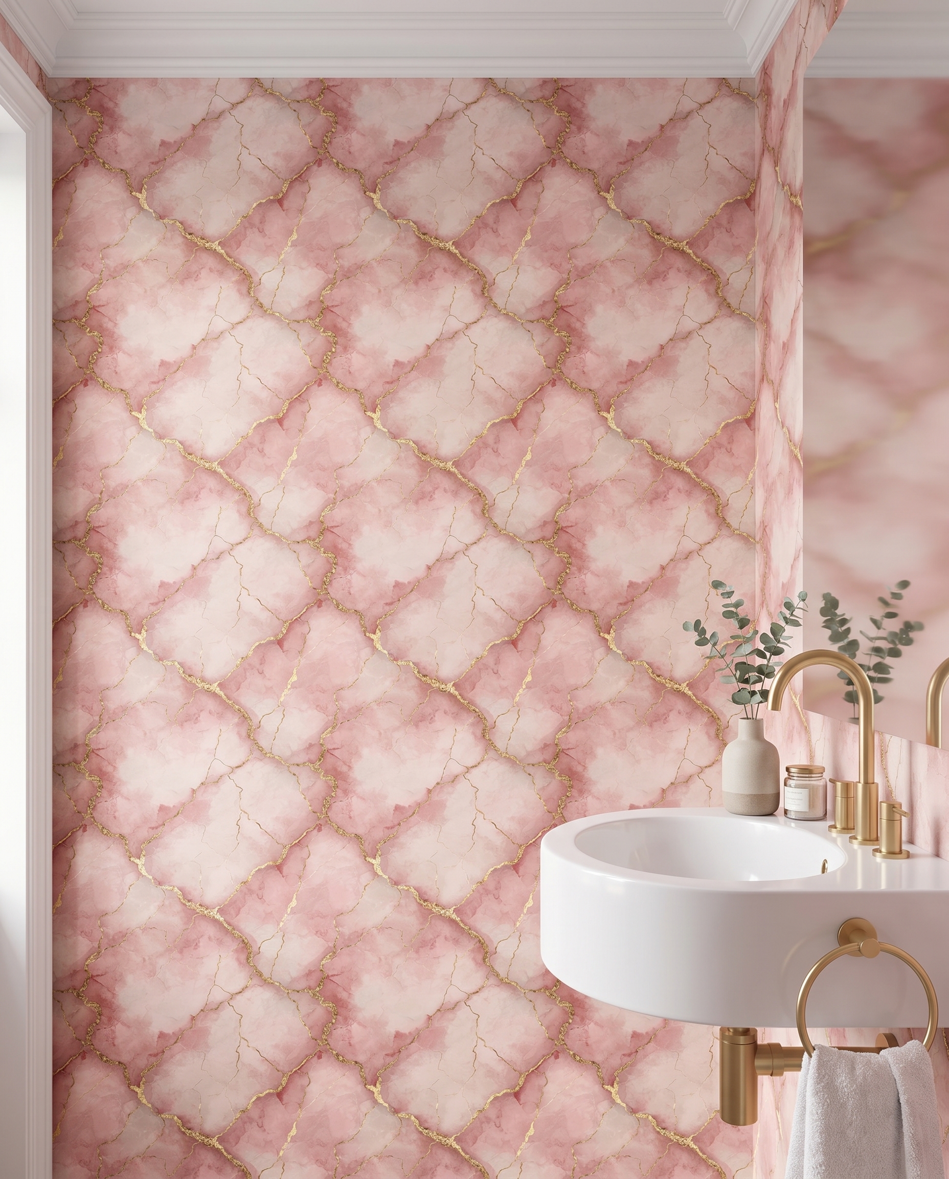 Pink Marble Wallpaper with Gold Veins, Abstract Watercolor Wall Mural, Peel and Stick Wallpaper for a Glamorous Bedroom Accent Wall