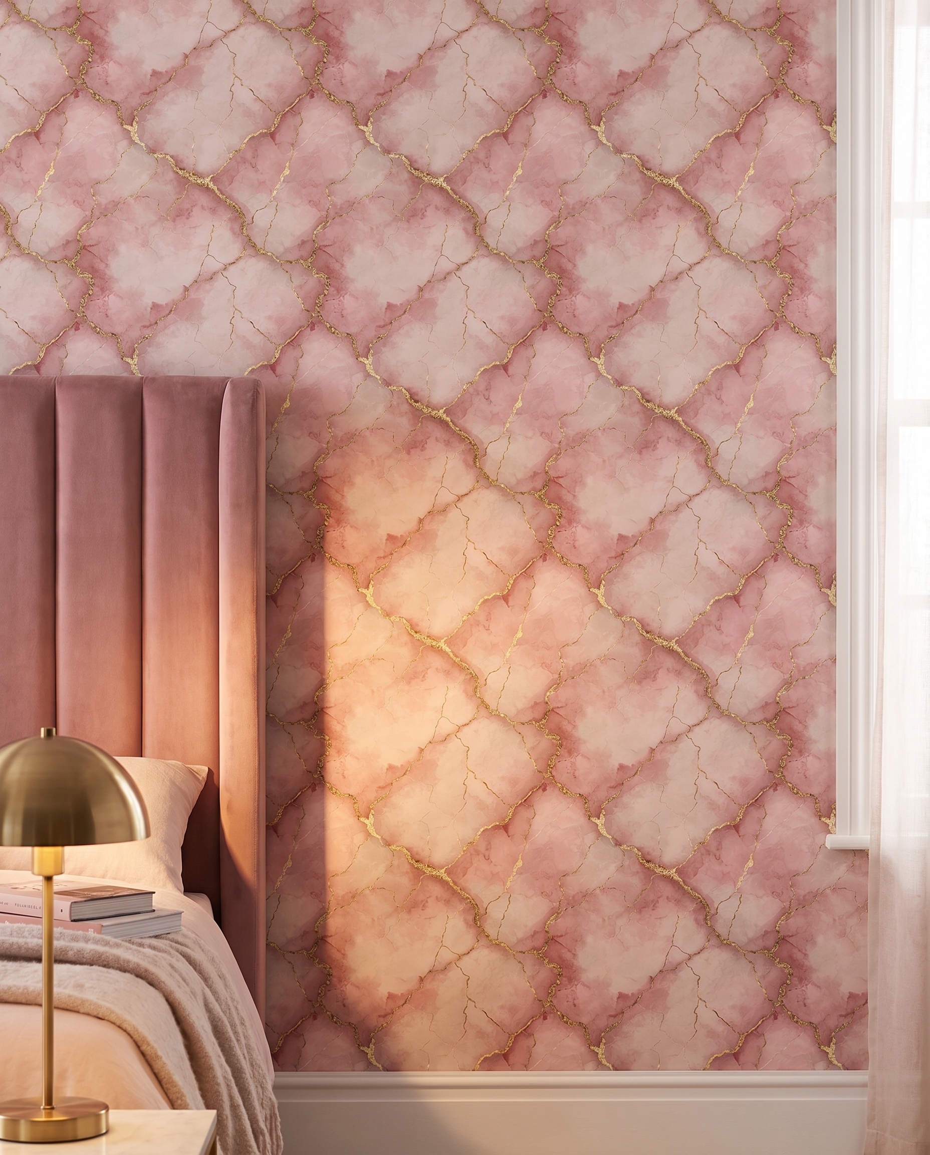Pink Marble Wallpaper with Gold Veins, Abstract Watercolor Wall Mural, Peel and Stick Wallpaper for a Glamorous Bedroom Accent Wall