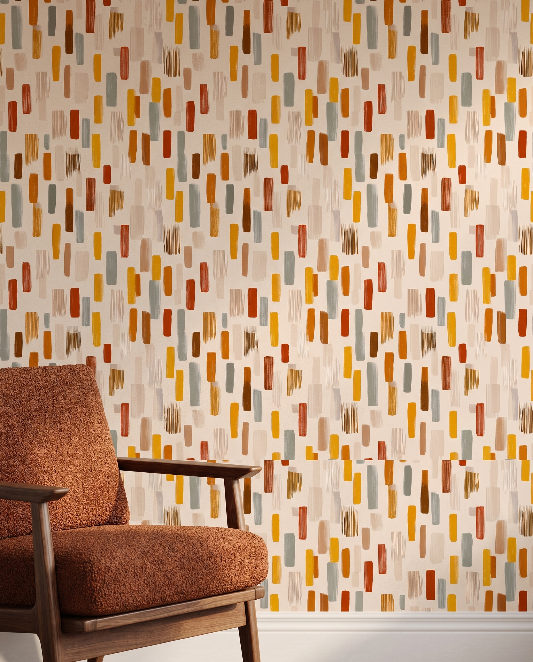 Abstract Brushstrokes Wallpaper in Terracotta, Mustard and Sage, Contemporary Peel and Stick Wallpaper for a Modern Living Room Accent Wall