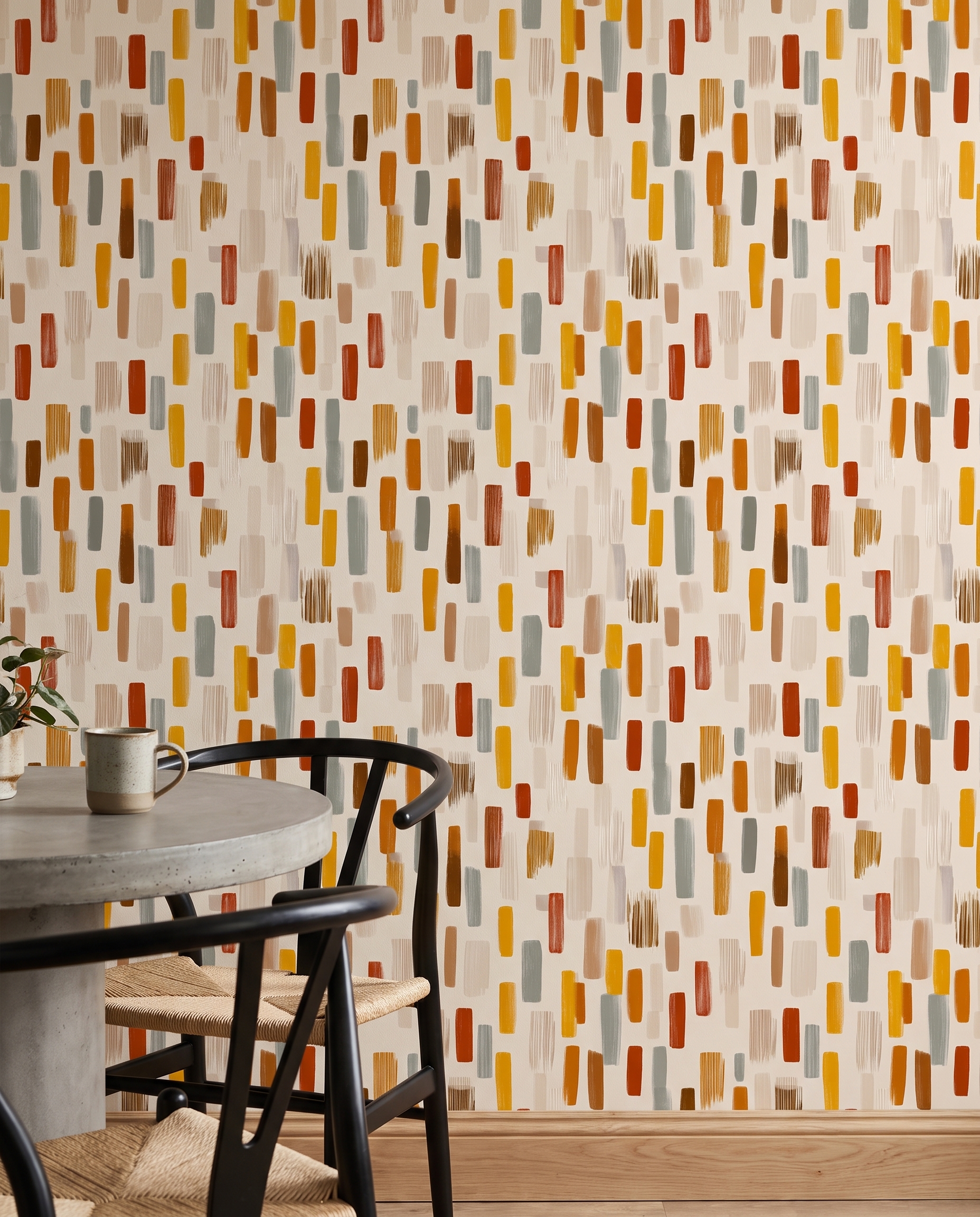 Abstract Brushstrokes Wallpaper in Terracotta, Mustard and Sage, Contemporary Peel and Stick Wallpaper for a Modern Living Room Accent Wall