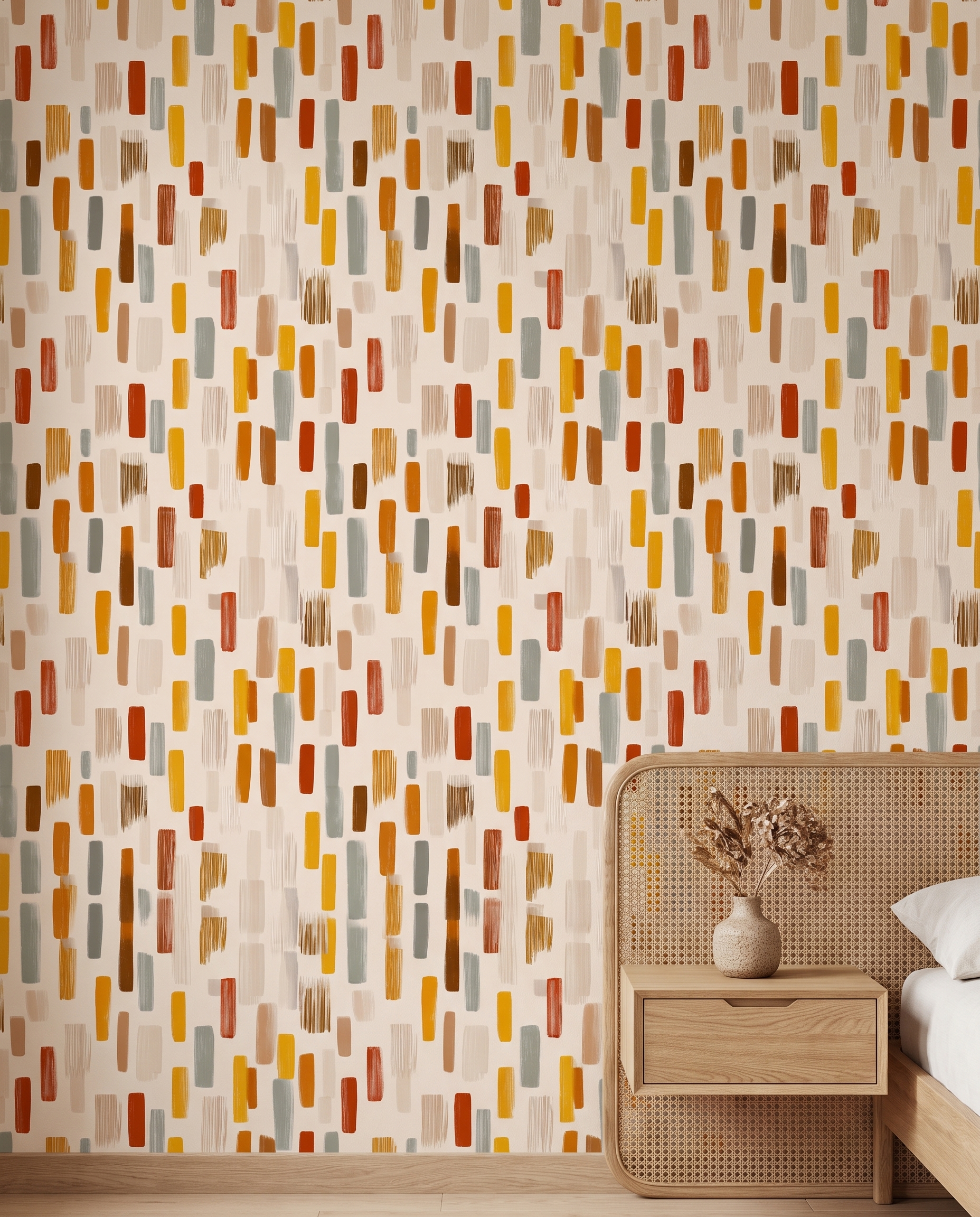 Abstract Brushstrokes Wallpaper in Terracotta, Mustard and Sage, Contemporary Peel and Stick Wallpaper for a Modern Living Room Accent Wall