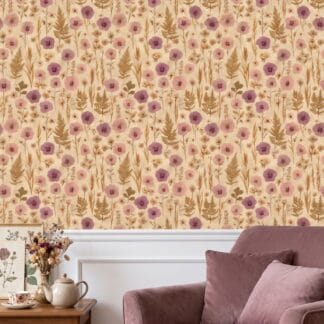Vintage Pressed Flowers Wallpaper with Pink Pansies and Ferns, Removable Peel and Stick Wallpaper for a Romantic Bedroom Accent Wall