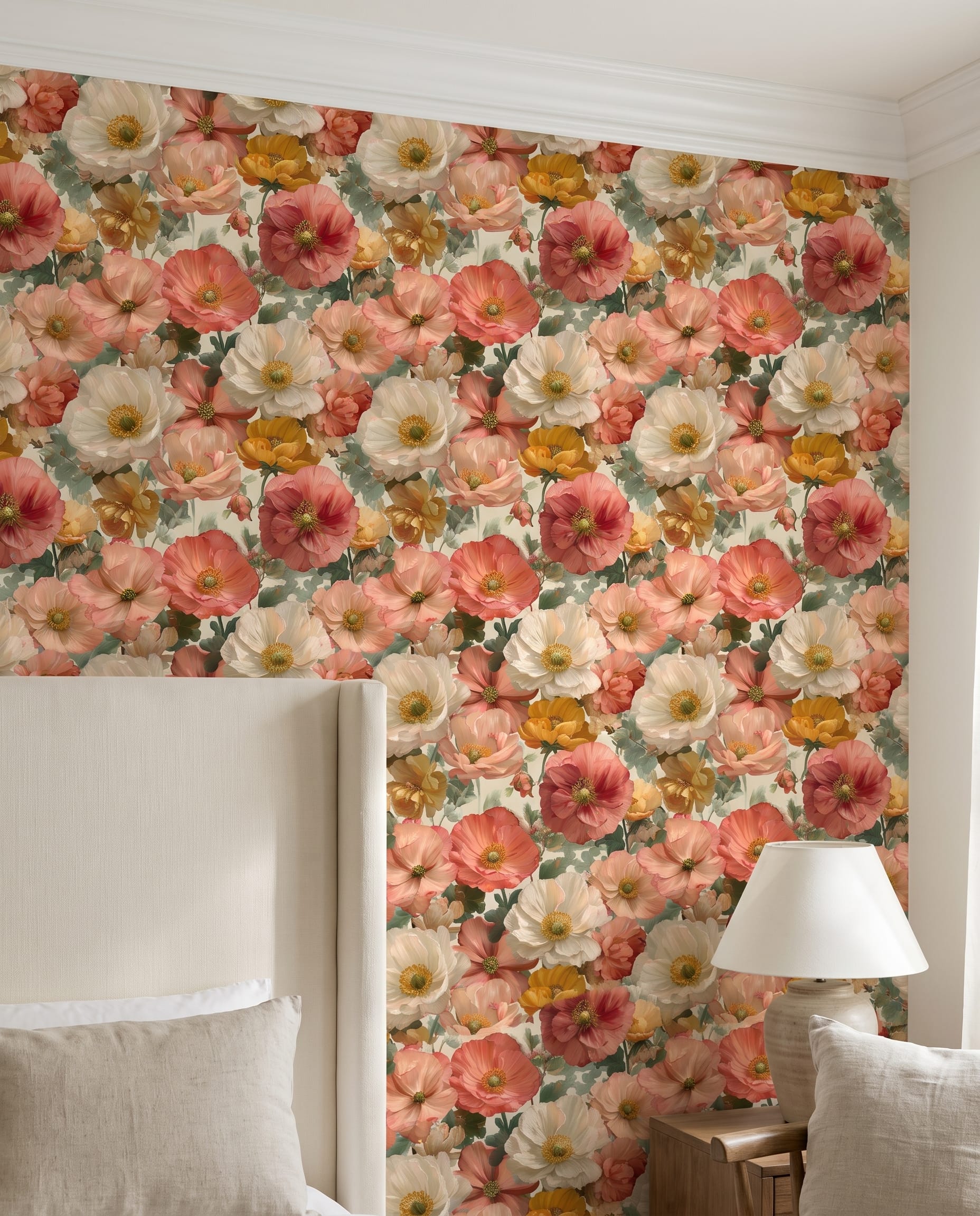 Vintage Poppy Wallpaper in Coral and Peach, Painterly Floral Wall Mural, Removable Peel and Stick Wallpaper for Bedroom Accent Wall
