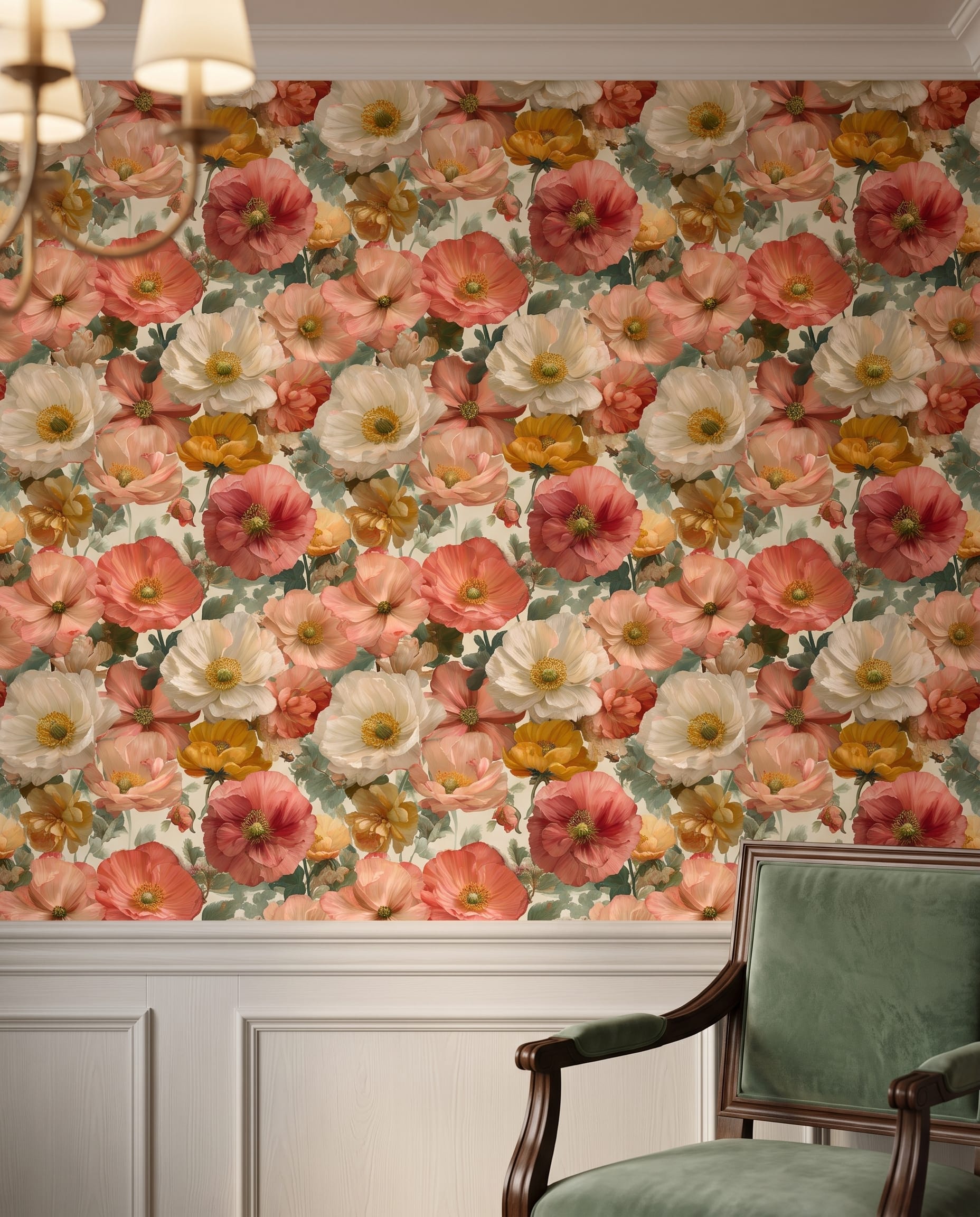 Vintage Poppy Wallpaper in Coral and Peach, Painterly Floral Wall Mural, Removable Peel and Stick Wallpaper for Bedroom Accent Wall