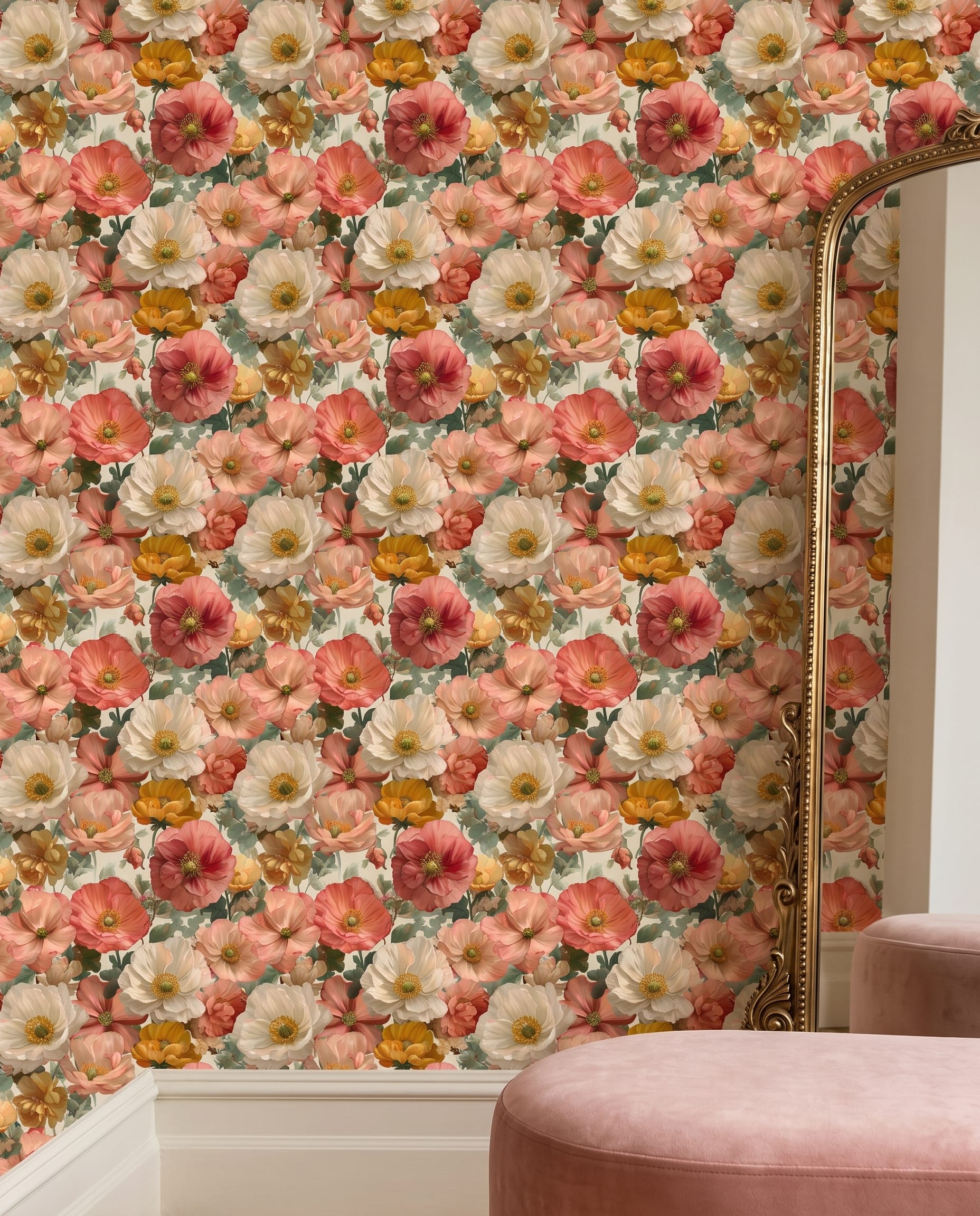 Vintage Poppy Wallpaper in Coral and Peach, Painterly Floral Wall Mural, Removable Peel and Stick Wallpaper for Bedroom Accent Wall